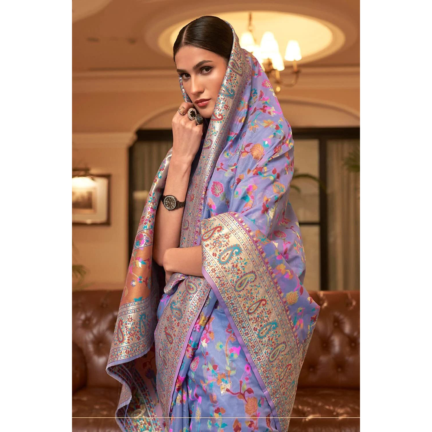 SGF11- Womens Kanjivaram Pure Soft Silk Handloom Saree Pure Golden Zari With Blouse Piece (Light Purple)