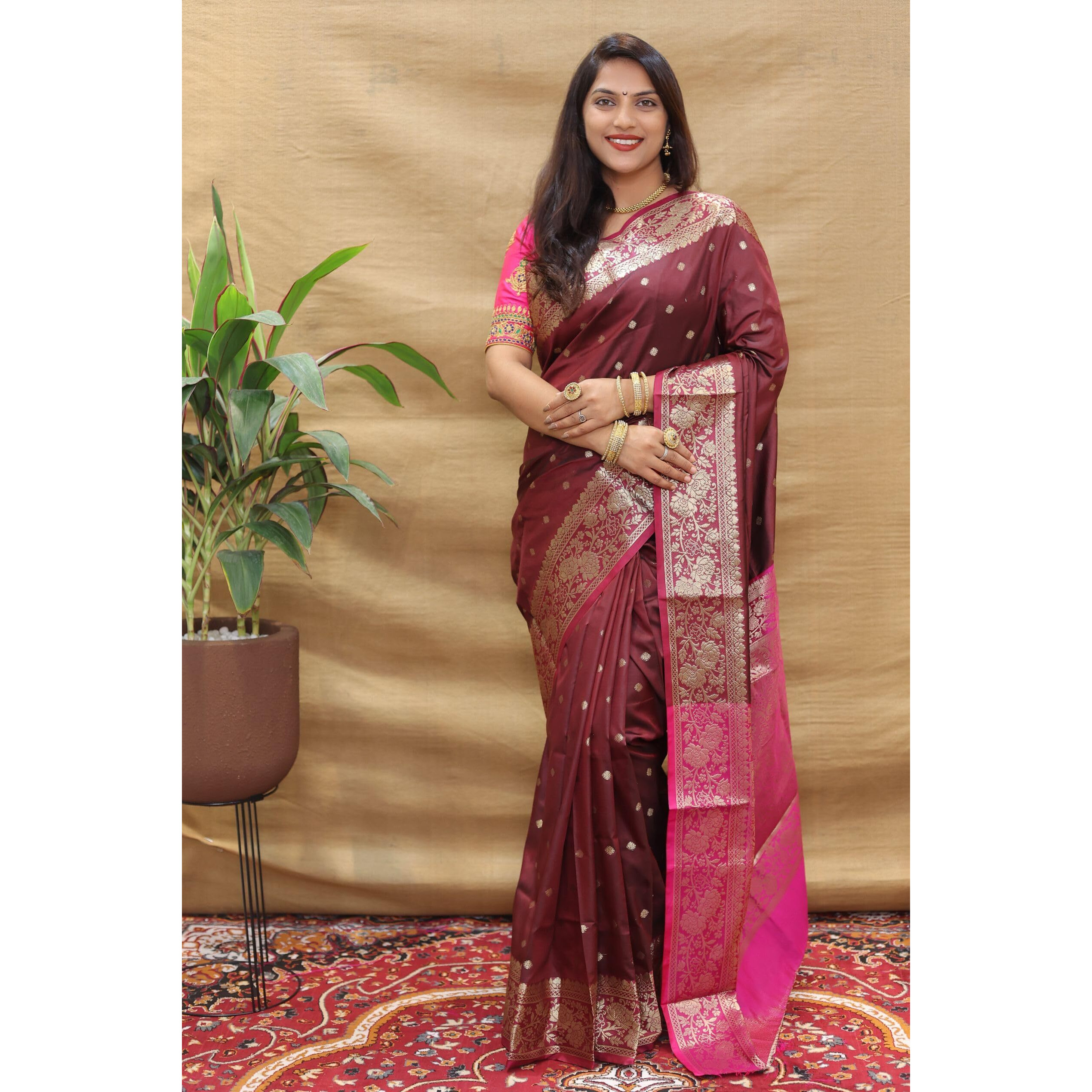 AMIRAT Womens Banarasi Saree Soft new ladies 2024 Design Wear Pattu Sarees Latest Cotton Party Sari collections With Blouse Piece for Wedding sadi (Maroon)