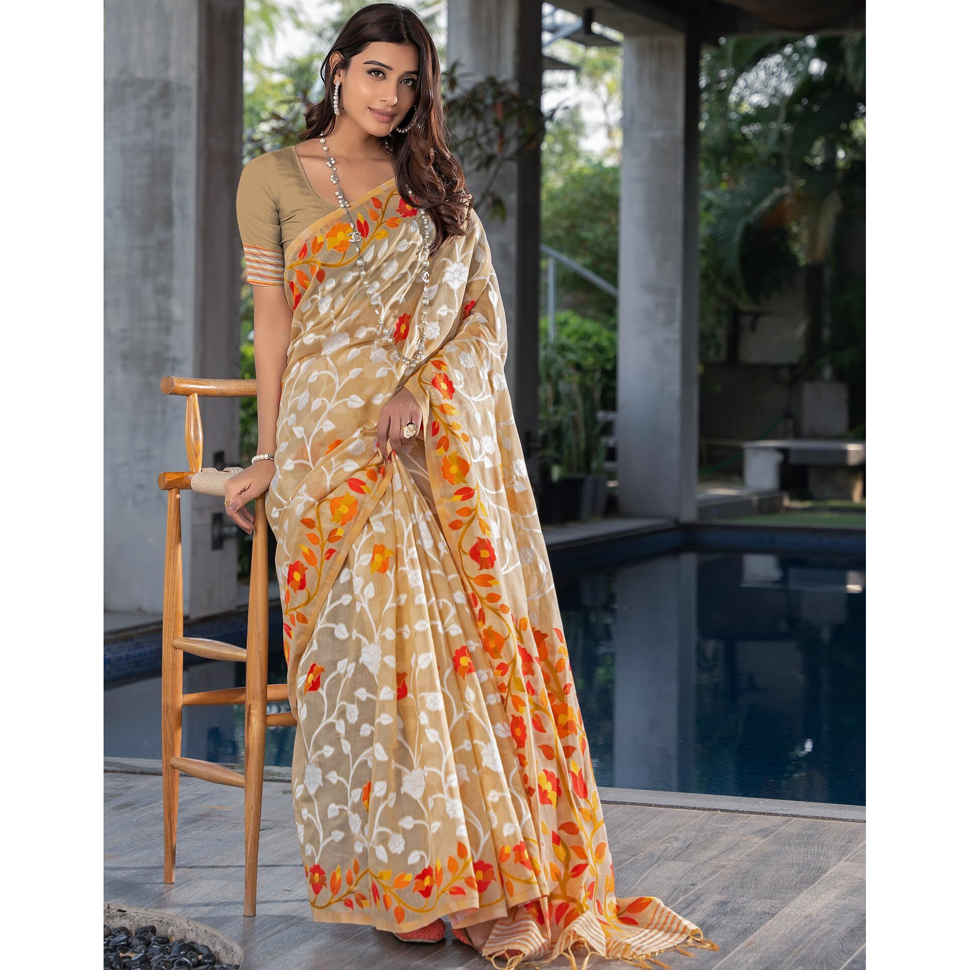 SIRIL Womens Cotton Jacquard Saree With Unstitched Blouse Piece (3417S211_Beige & Orange)