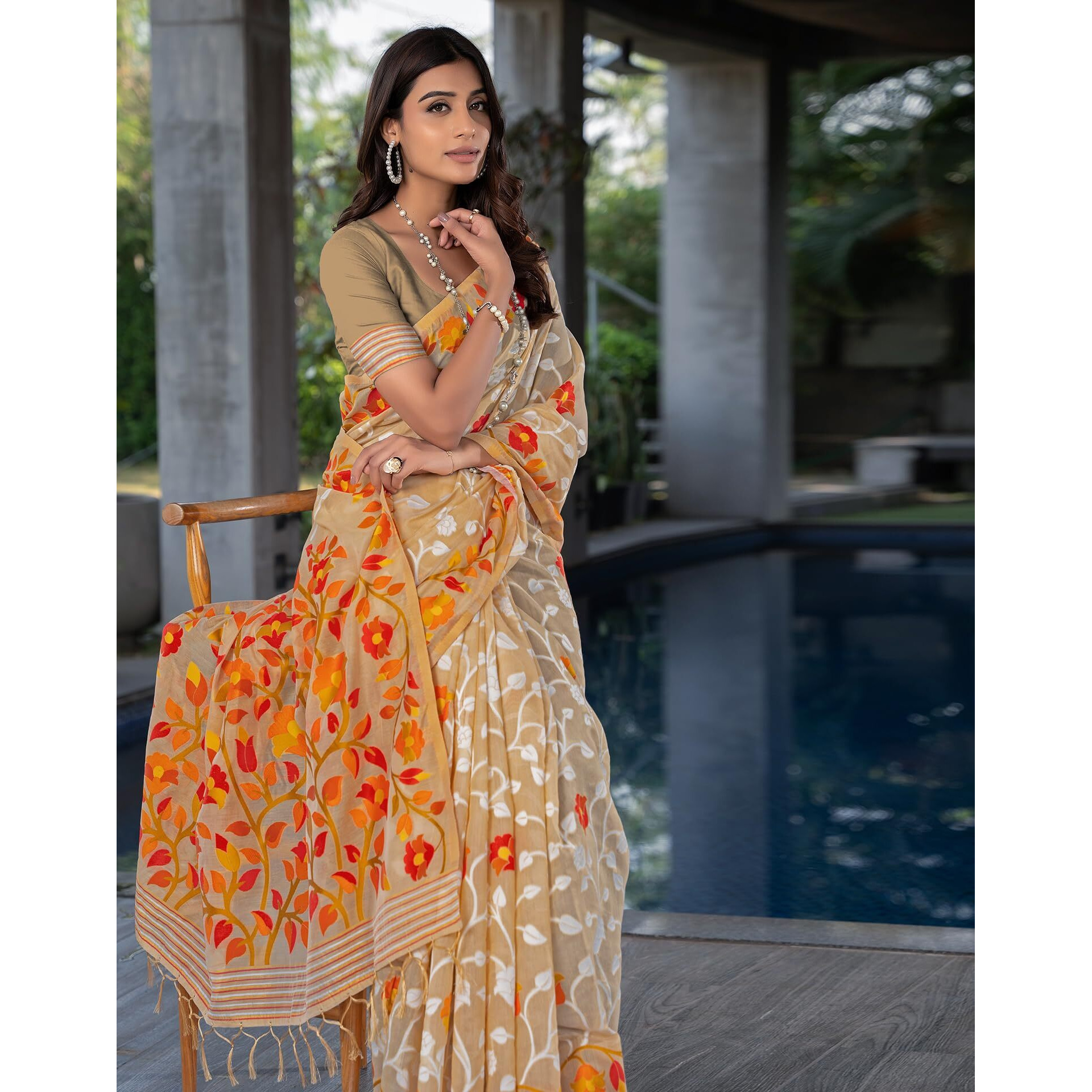 SIRIL Womens Cotton Jacquard Saree With Unstitched Blouse Piece (3417S211_Beige & Orange)