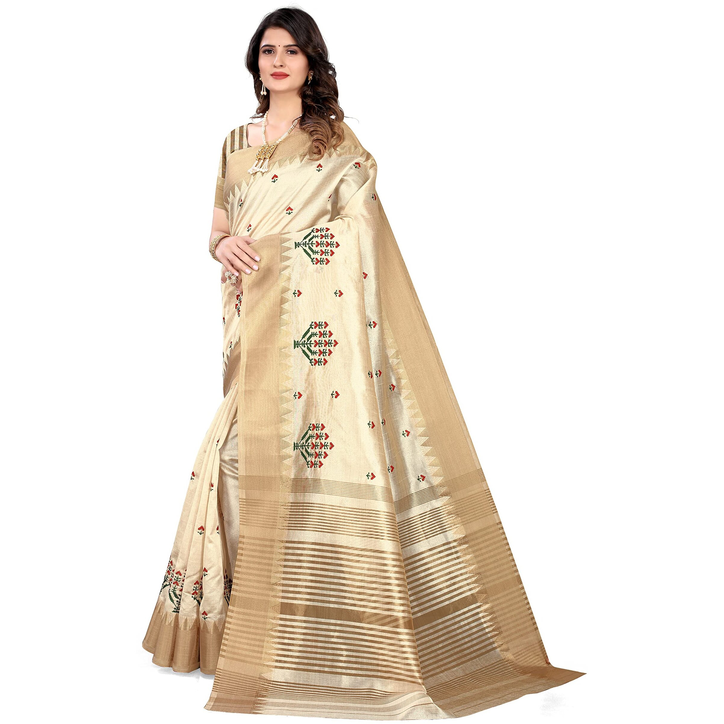 SERONA FABRICS Womens Assam Cotton Silk With Golden Border Thread Embroidery Saree With Blouse Piece