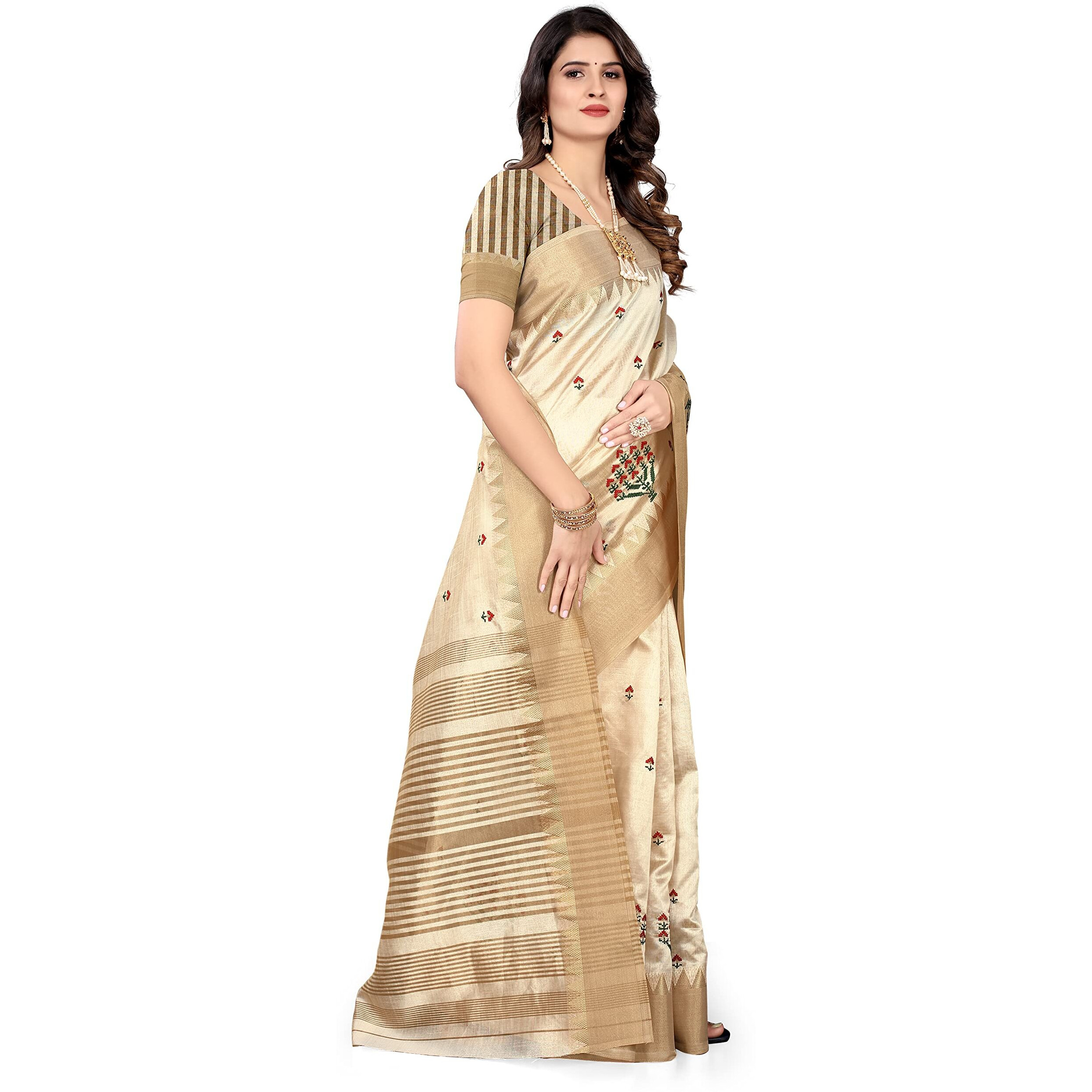 SERONA FABRICS Womens Assam Cotton Silk With Golden Border Thread Embroidery Saree With Blouse Piece