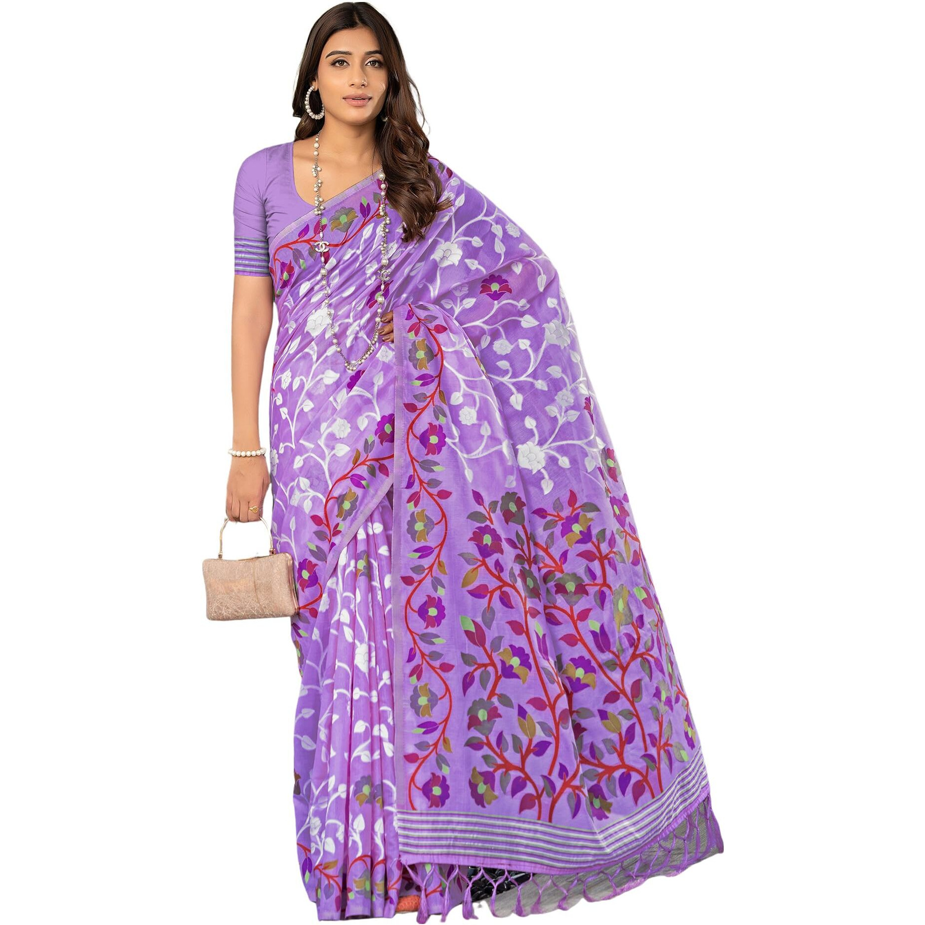 SIRIL Womens Cotton Jacquard Saree With Unstitched Blouse Piece (3417S213_Lavender)