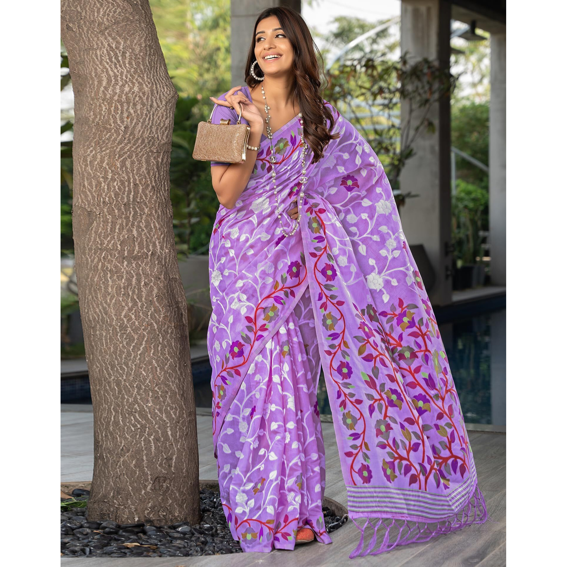 SIRIL Womens Cotton Jacquard Saree With Unstitched Blouse Piece (3417S213_Lavender)