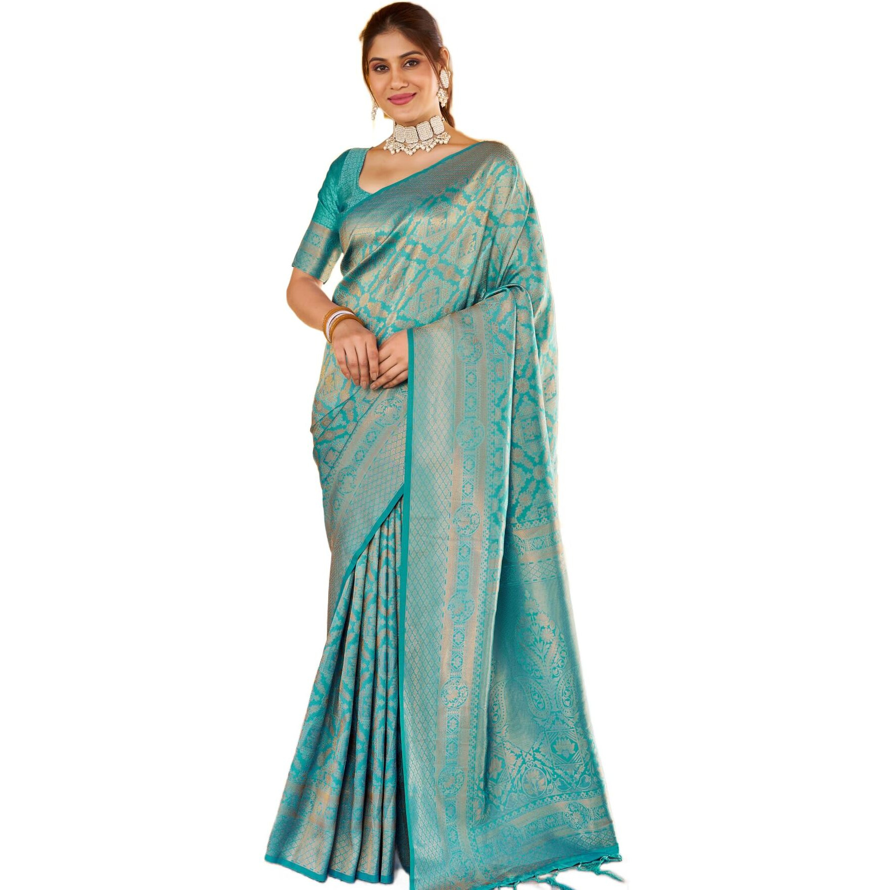 SWORNOF Womens Kanjivaram Banarasi Silk Patola Woven Design Saree With Unstitched Blouse Piece (SEA BLUE)