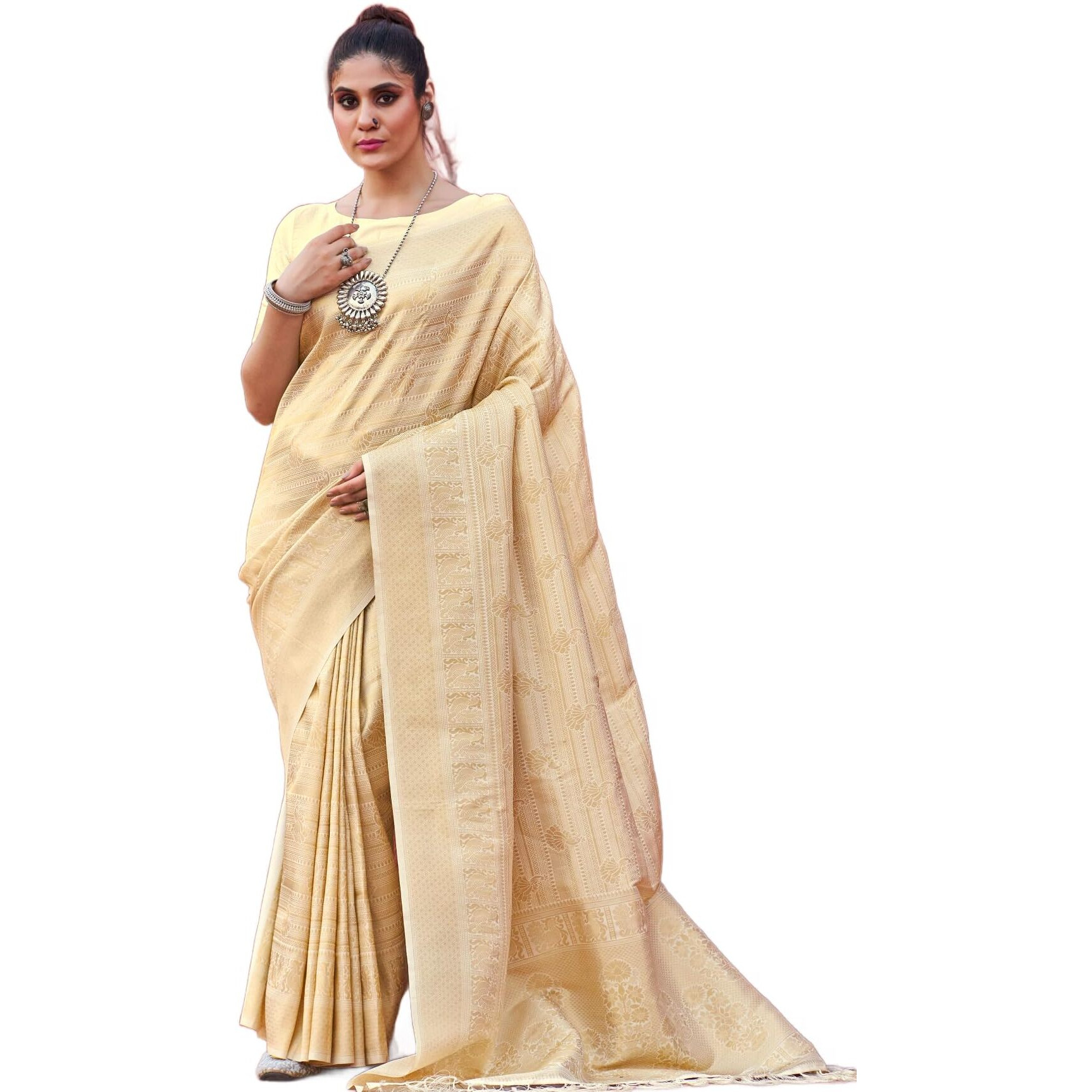 SWORNOF Womens Kanjivaram Banarasi Silk Patola Woven Design Saree With Unstitched Blouse Piece (WHITE)