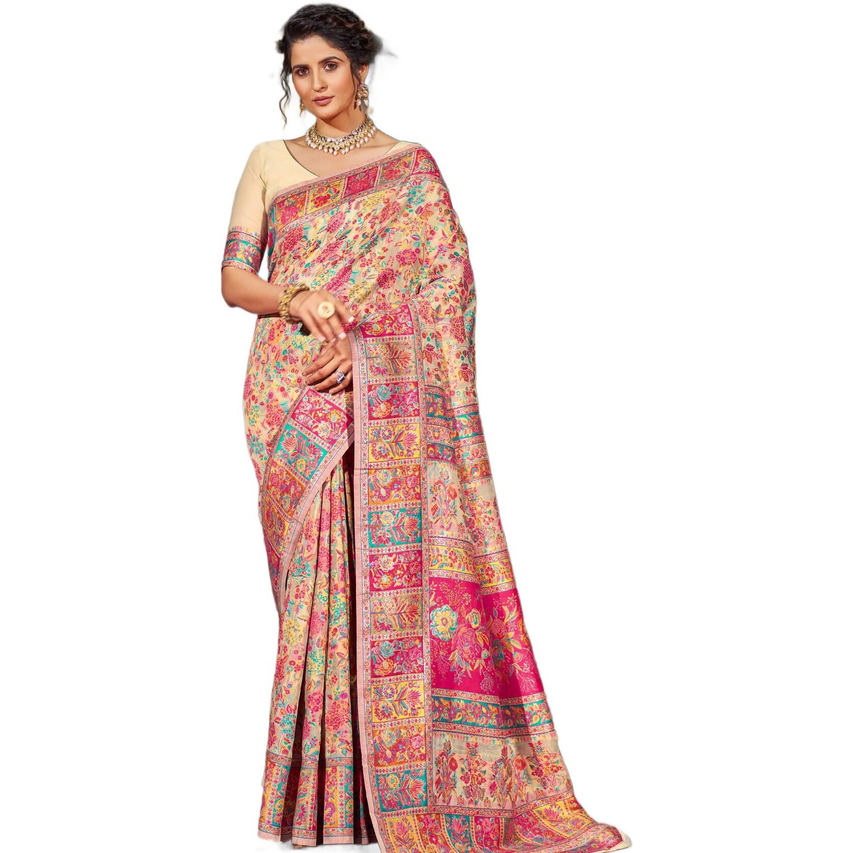 SWORNOF Womens Kanjivaram Banarasi Silk Patola Woven Design Saree With Unstitched Blouse Piece (CREAM)