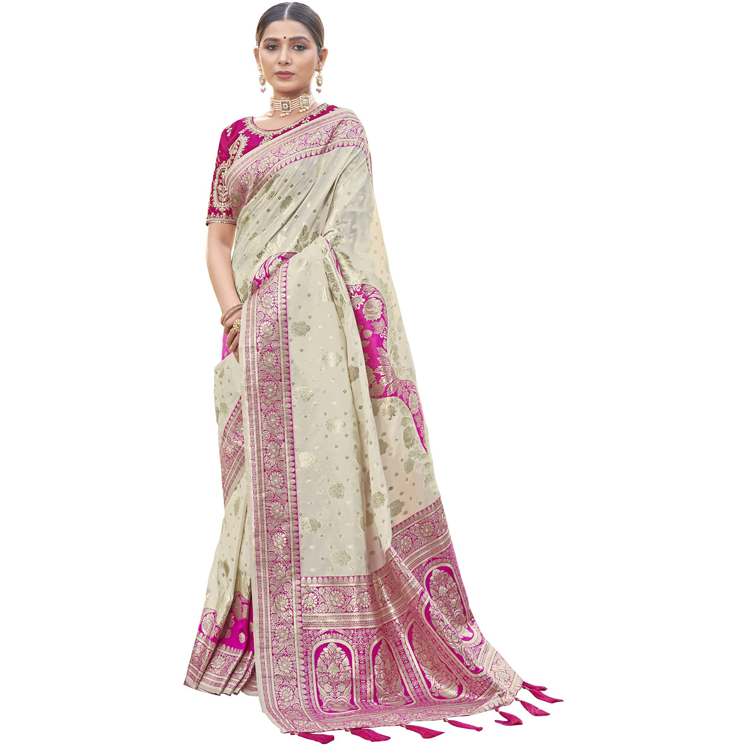 MANOHARI Most Trendy Banarasi Silk Woven Pattern Jacquard Saree For Women With Blouse Piece_Mn1713-1, Off White