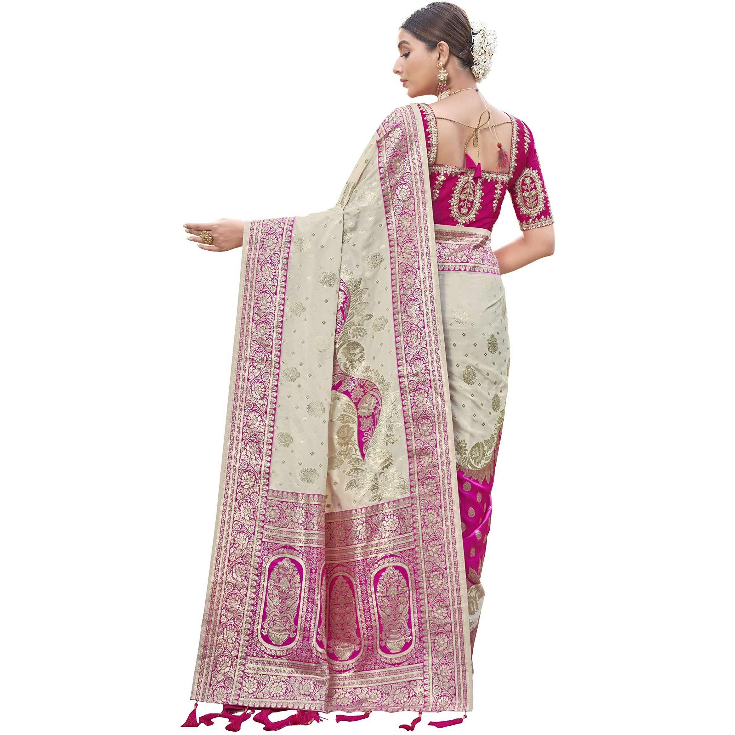 MANOHARI Most Trendy Banarasi Silk Woven Pattern Jacquard Saree For Women With Blouse Piece_Mn1713-1, Off White