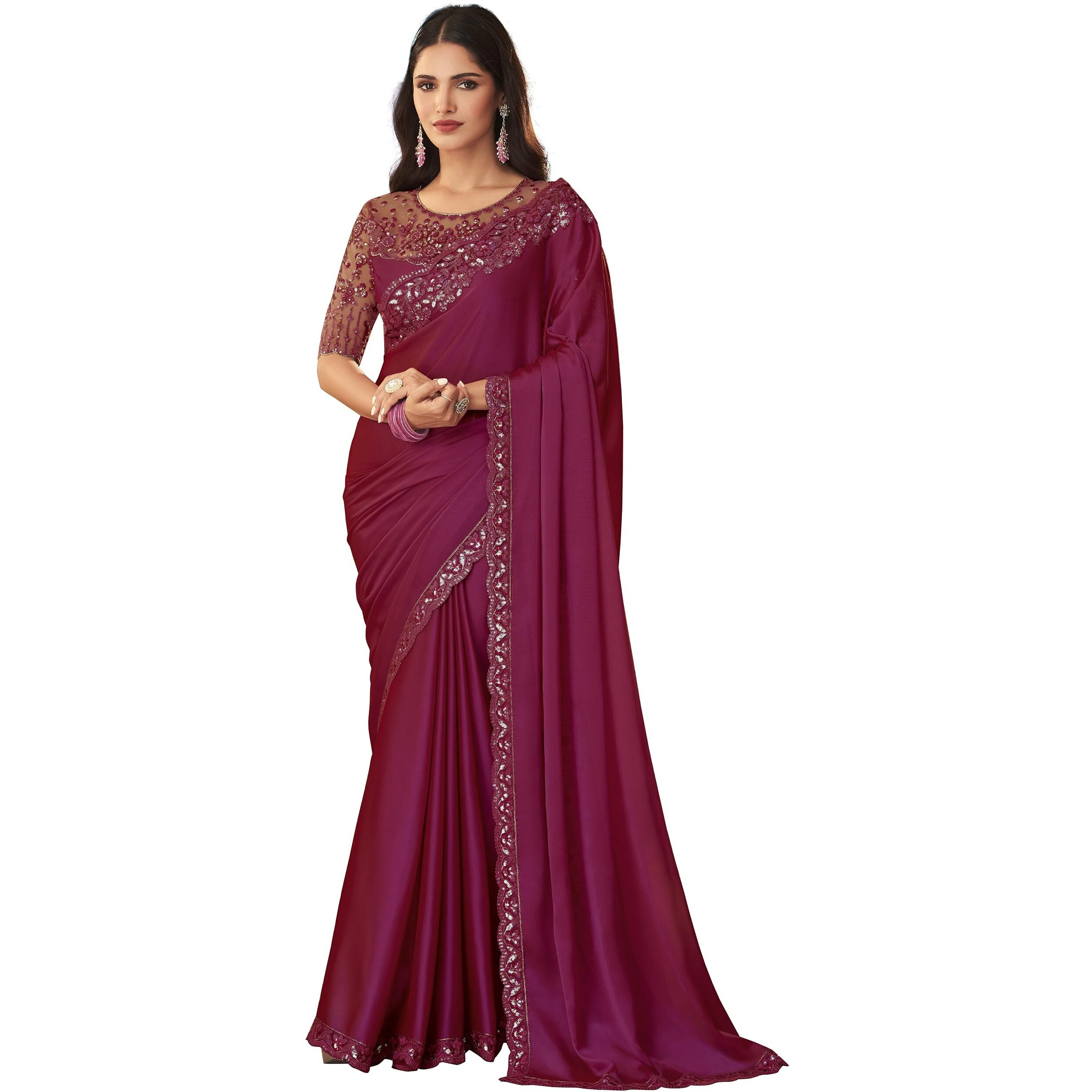 TRENDMALLS Womens Silk Embroidered Heavy Border Saree With Unstitched Designer Blouse Piece (Purple)