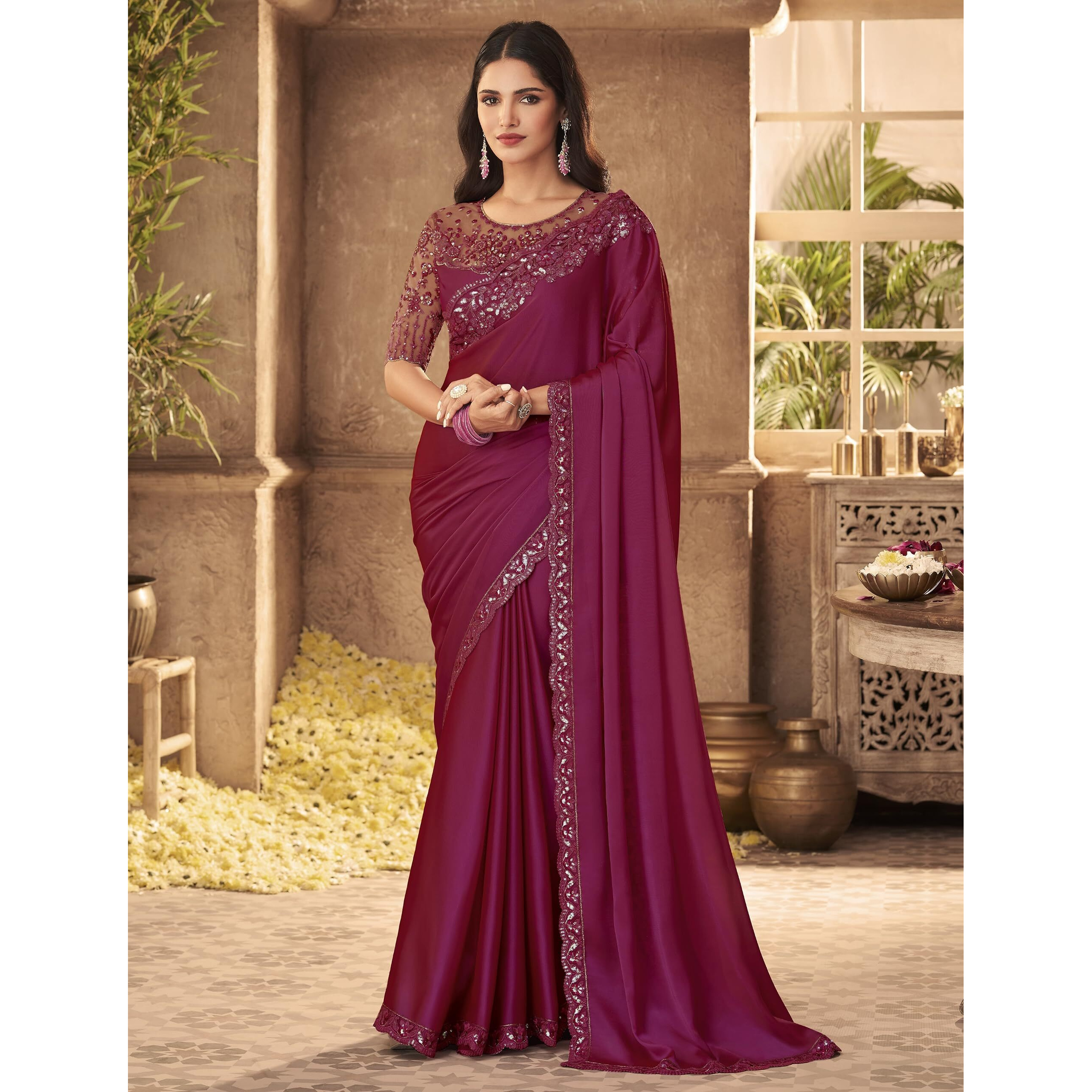 TRENDMALLS Womens Silk Embroidered Heavy Border Saree With Unstitched Designer Blouse Piece (Purple)