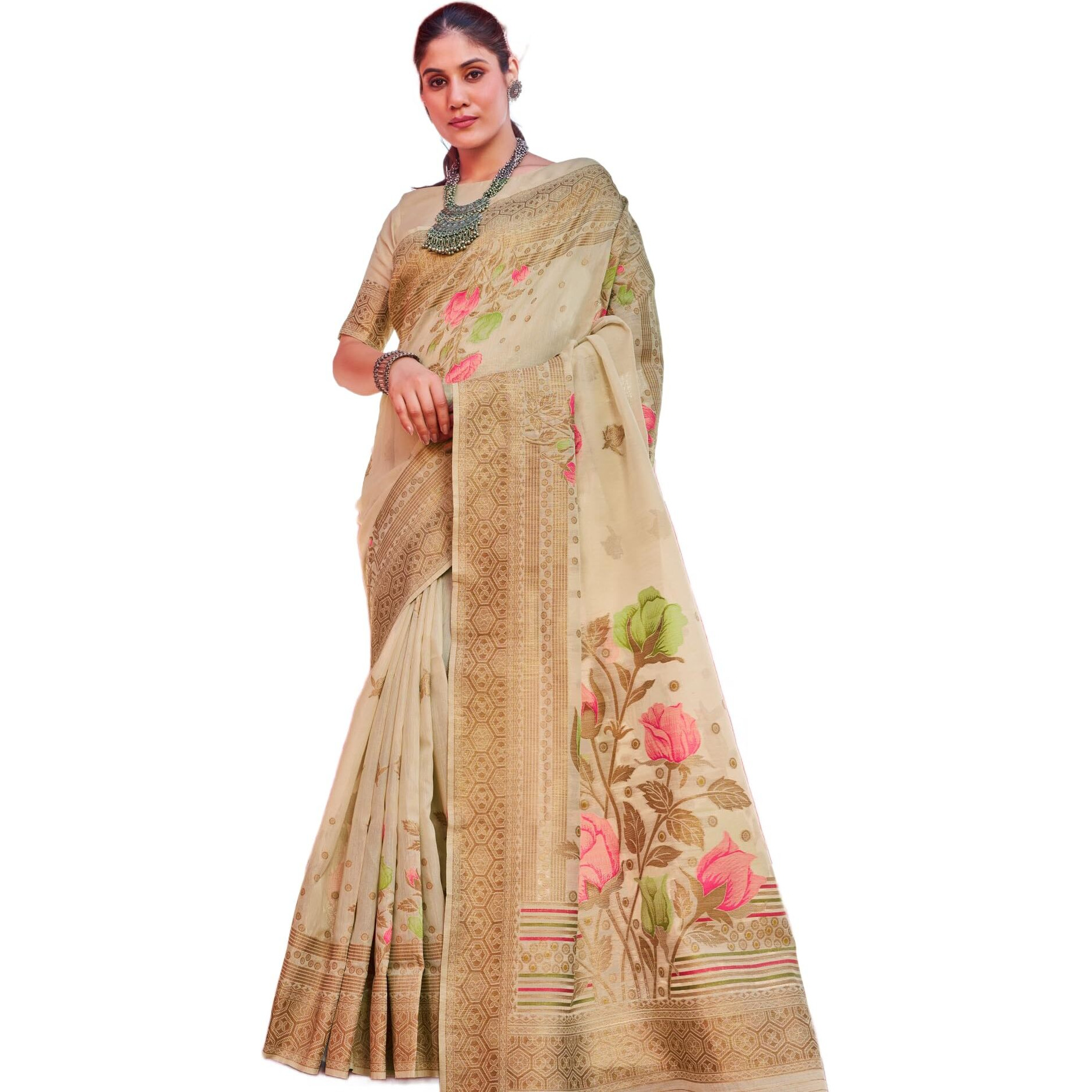 SWORNOF Womens Organza Woven Designer Saree with Unstitched Blouse With Boluse Piece (CREAM)