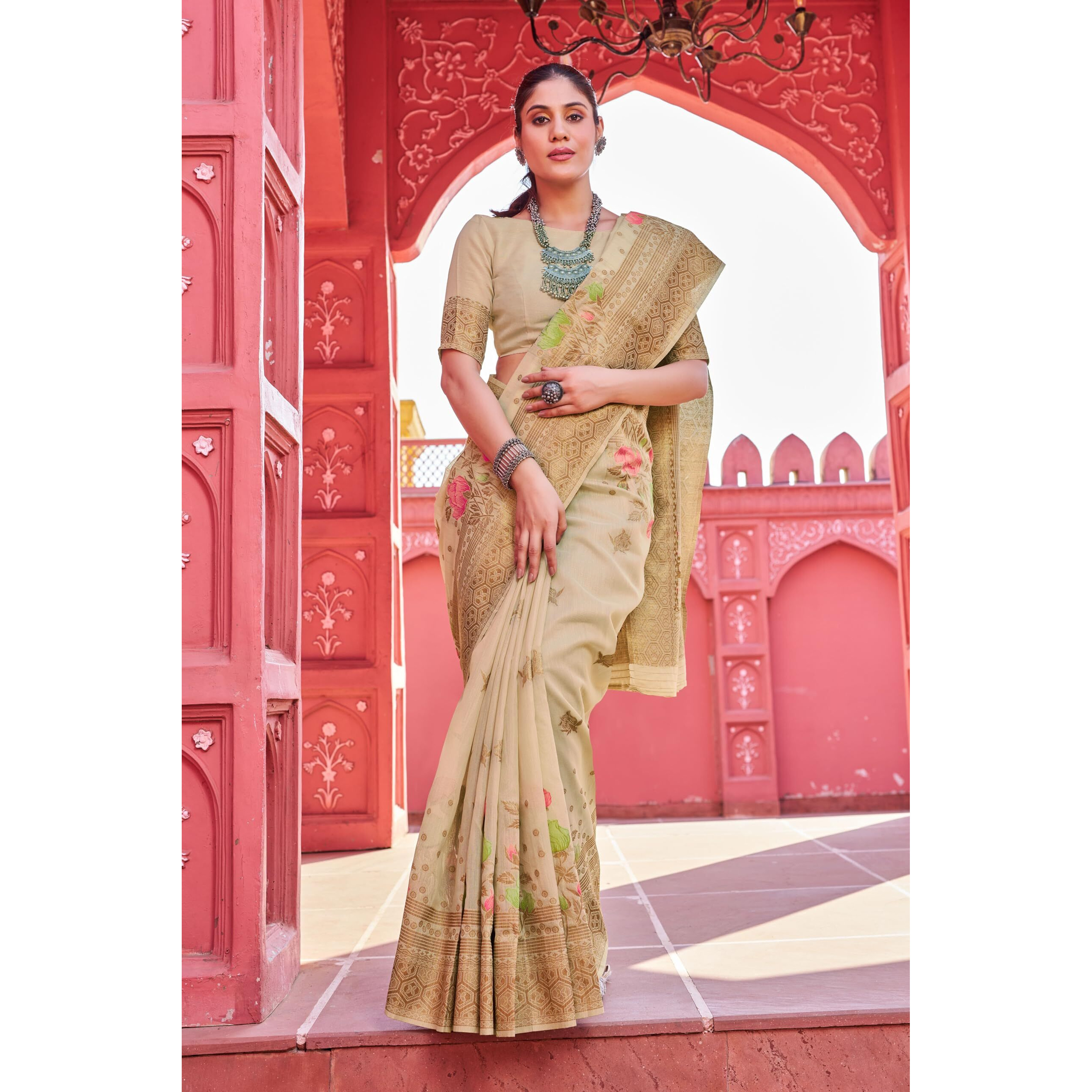 SWORNOF Womens Organza Woven Designer Saree with Unstitched Blouse With Boluse Piece (CREAM)