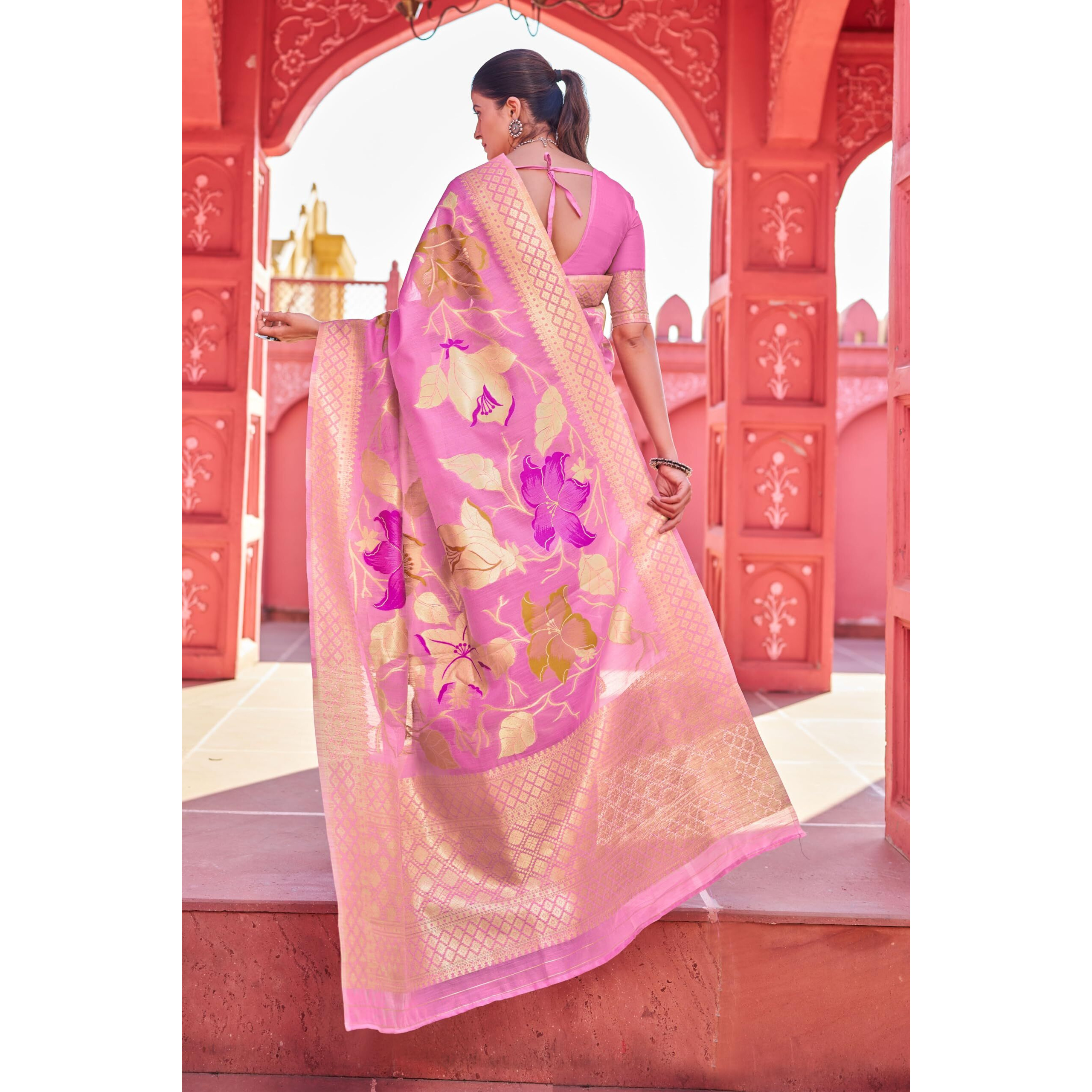 SWORNOF Womens Organza Woven Designer Saree with Unstitched Blouse With Boluse Piece (BABY PINK)