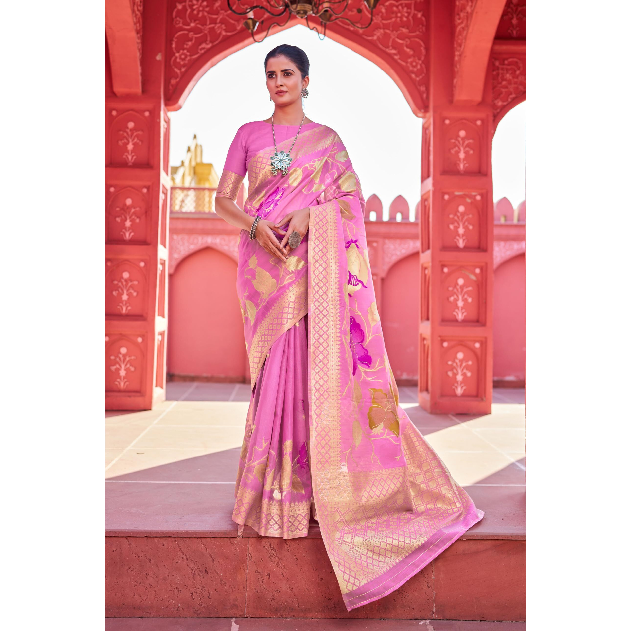 SWORNOF Womens Organza Woven Designer Saree with Unstitched Blouse With Boluse Piece (BABY PINK)