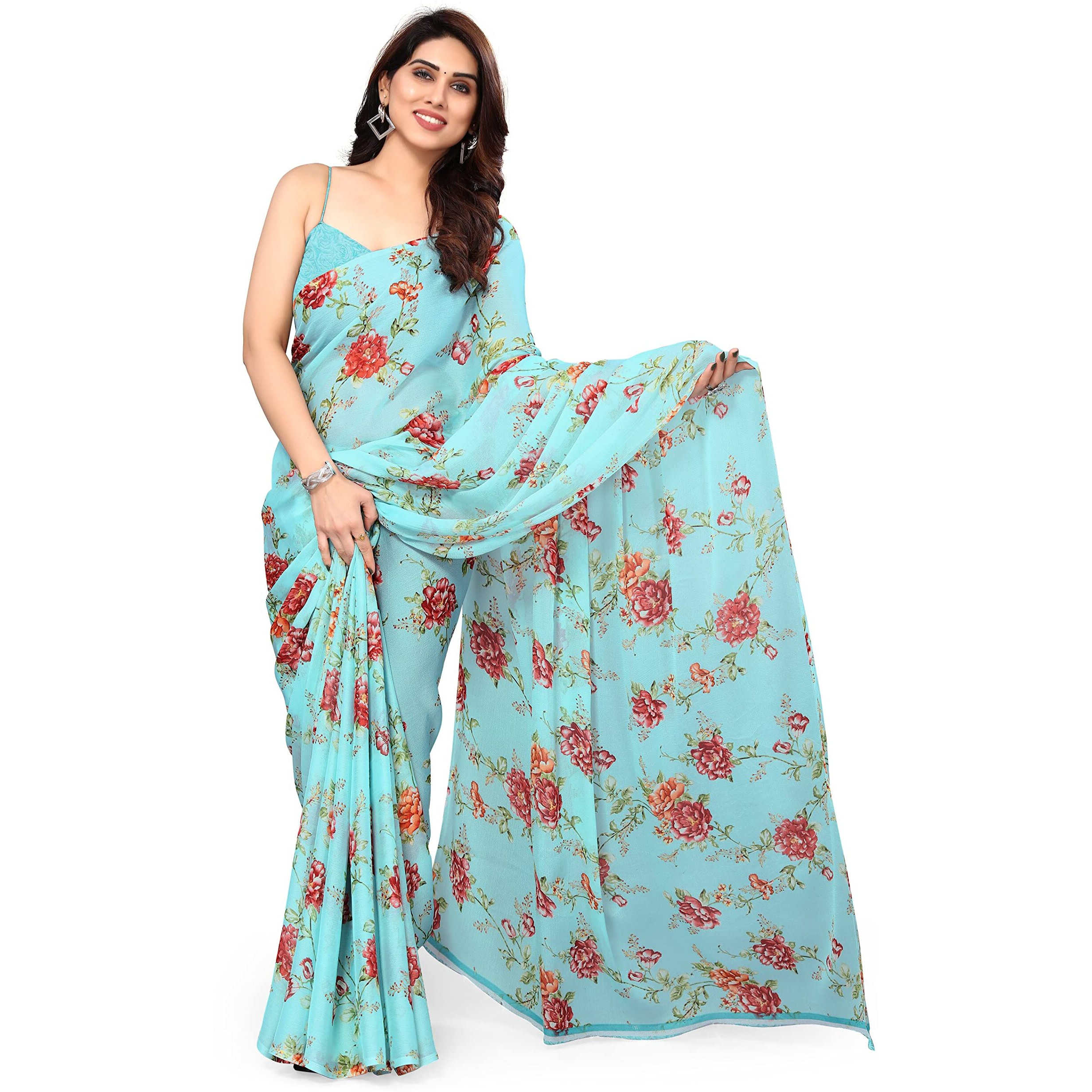 MIRCHI FASHION Womens Plain Weave Chiffon Botanical Printed Saree with Blouse Piece (38266-Light Turquoise, Red, Orange)