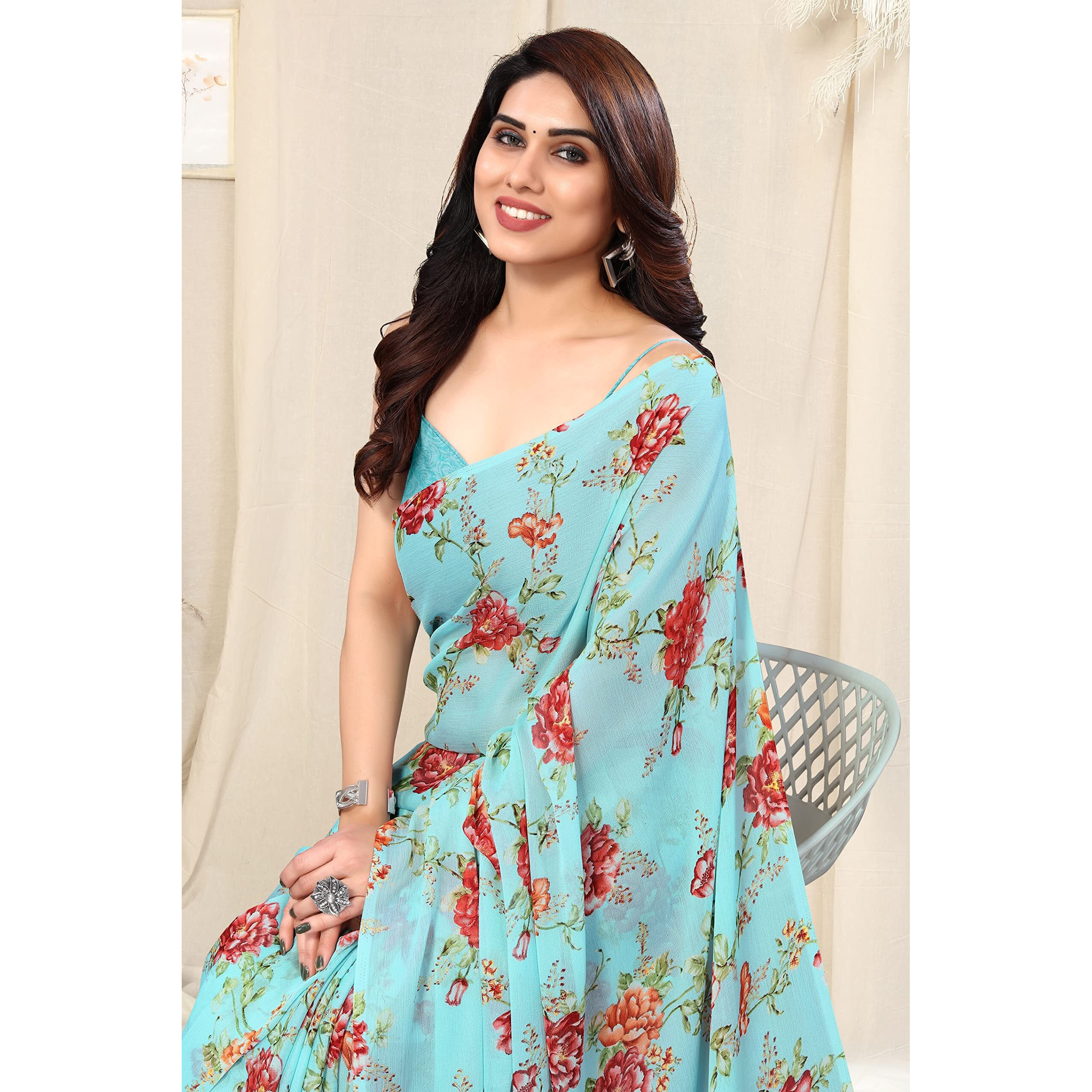 MIRCHI FASHION Womens Plain Weave Chiffon Botanical Printed Saree with Blouse Piece (38266-Light Turquoise, Red, Orange)