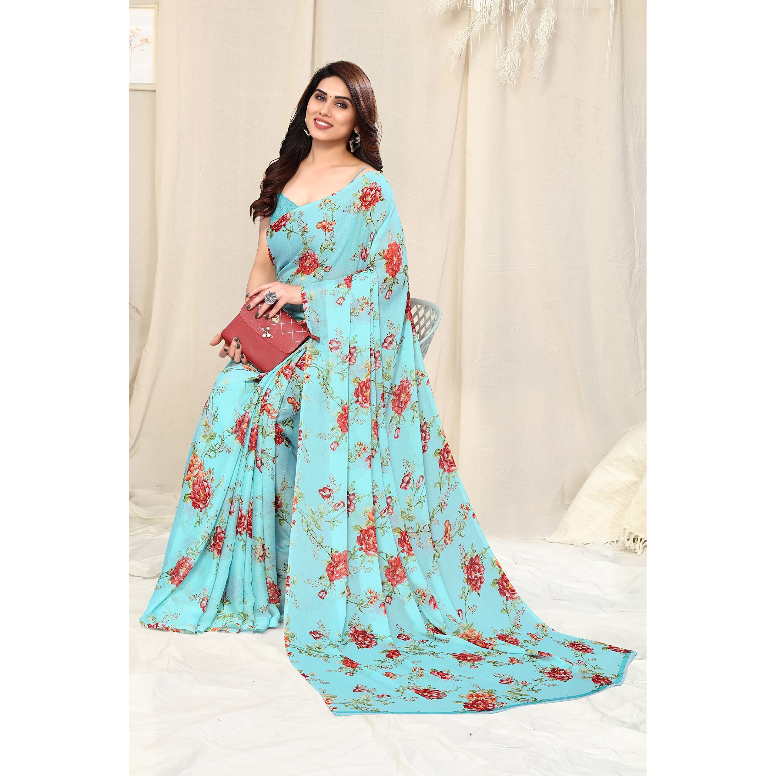 MIRCHI FASHION Womens Plain Weave Chiffon Botanical Printed Saree with Blouse Piece (38266-Light Turquoise, Red, Orange)