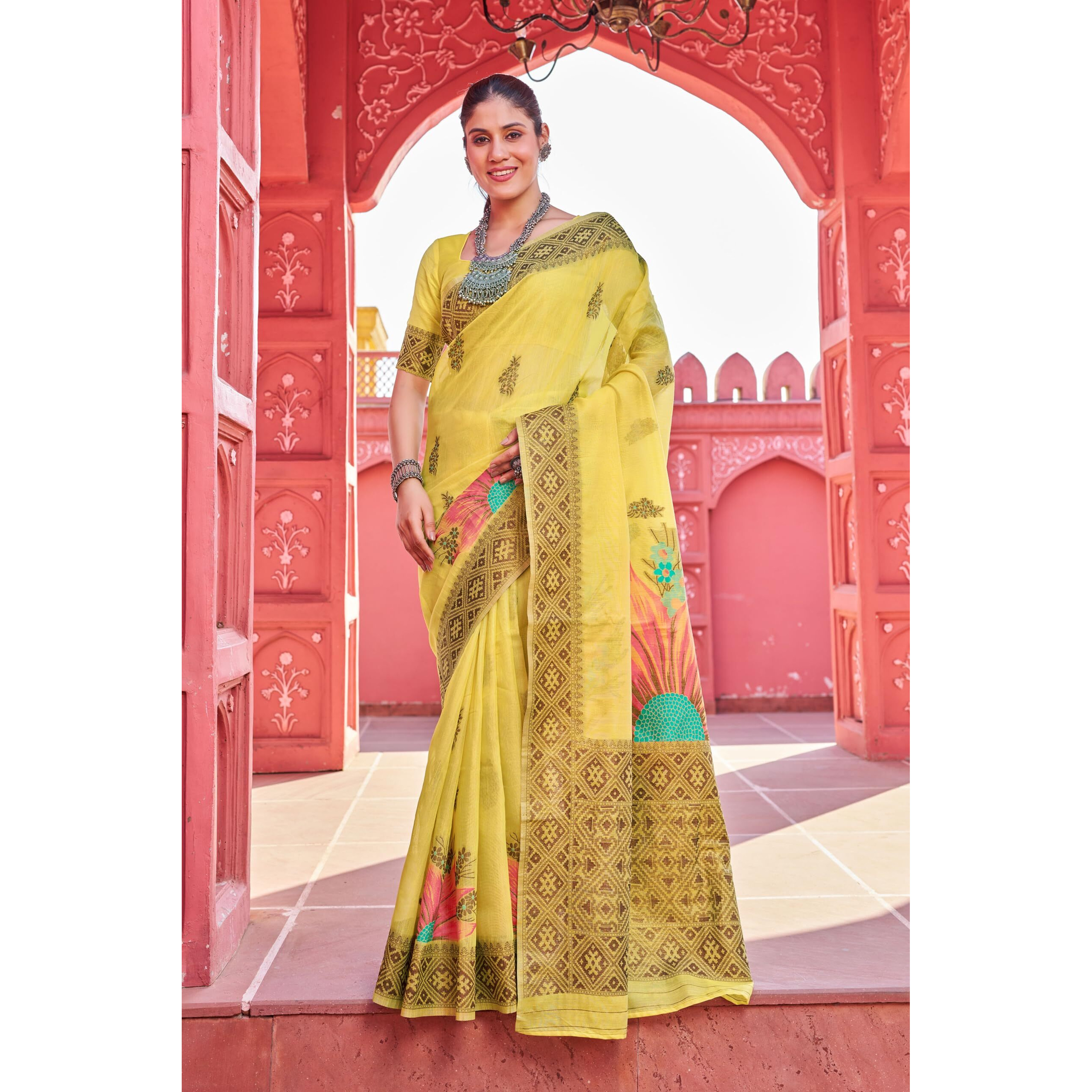 SWORNOF Womens Organza Woven Designer Saree with Unstitched Blouse With Boluse Piece (YELLOW)