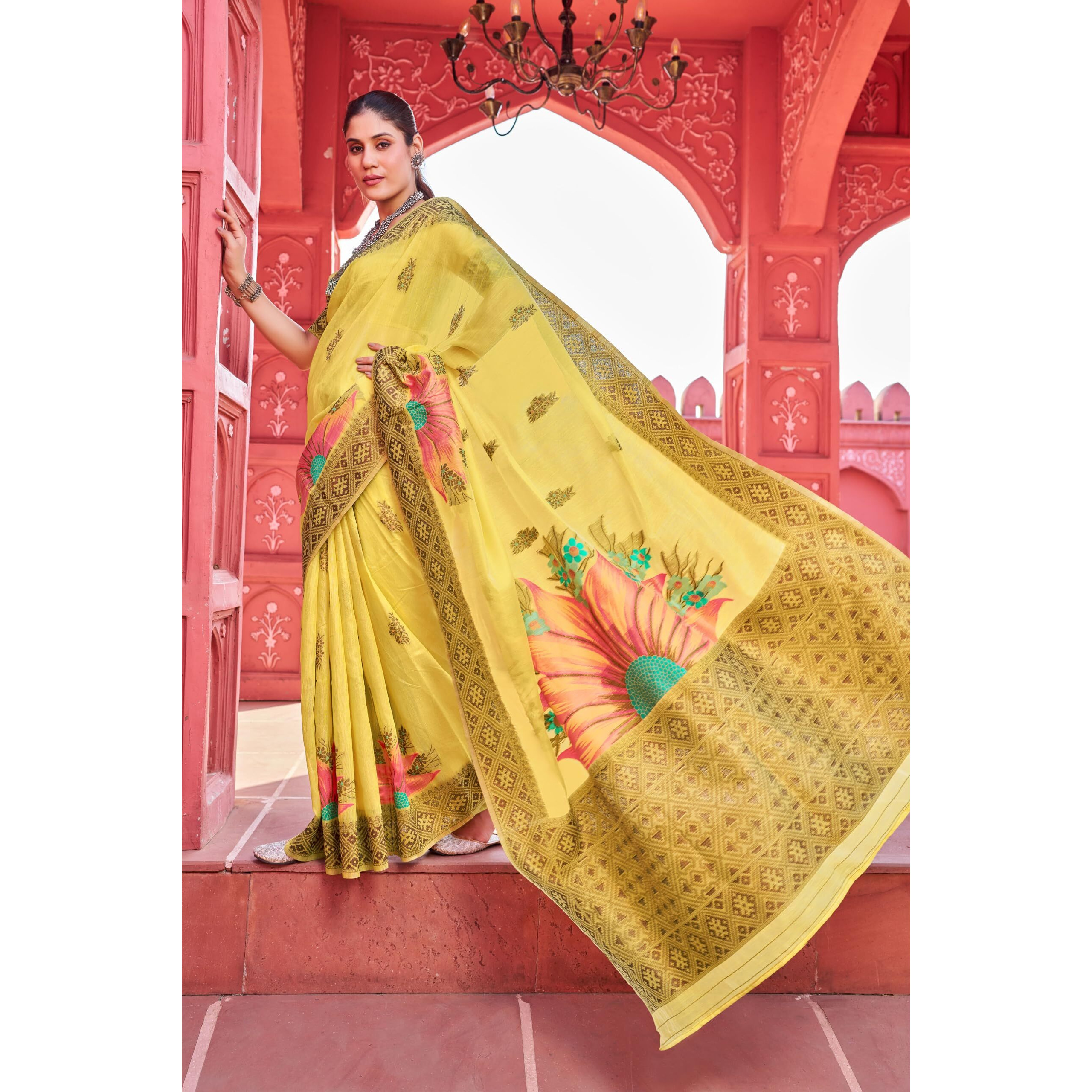 SWORNOF Womens Organza Woven Designer Saree with Unstitched Blouse With Boluse Piece (YELLOW)