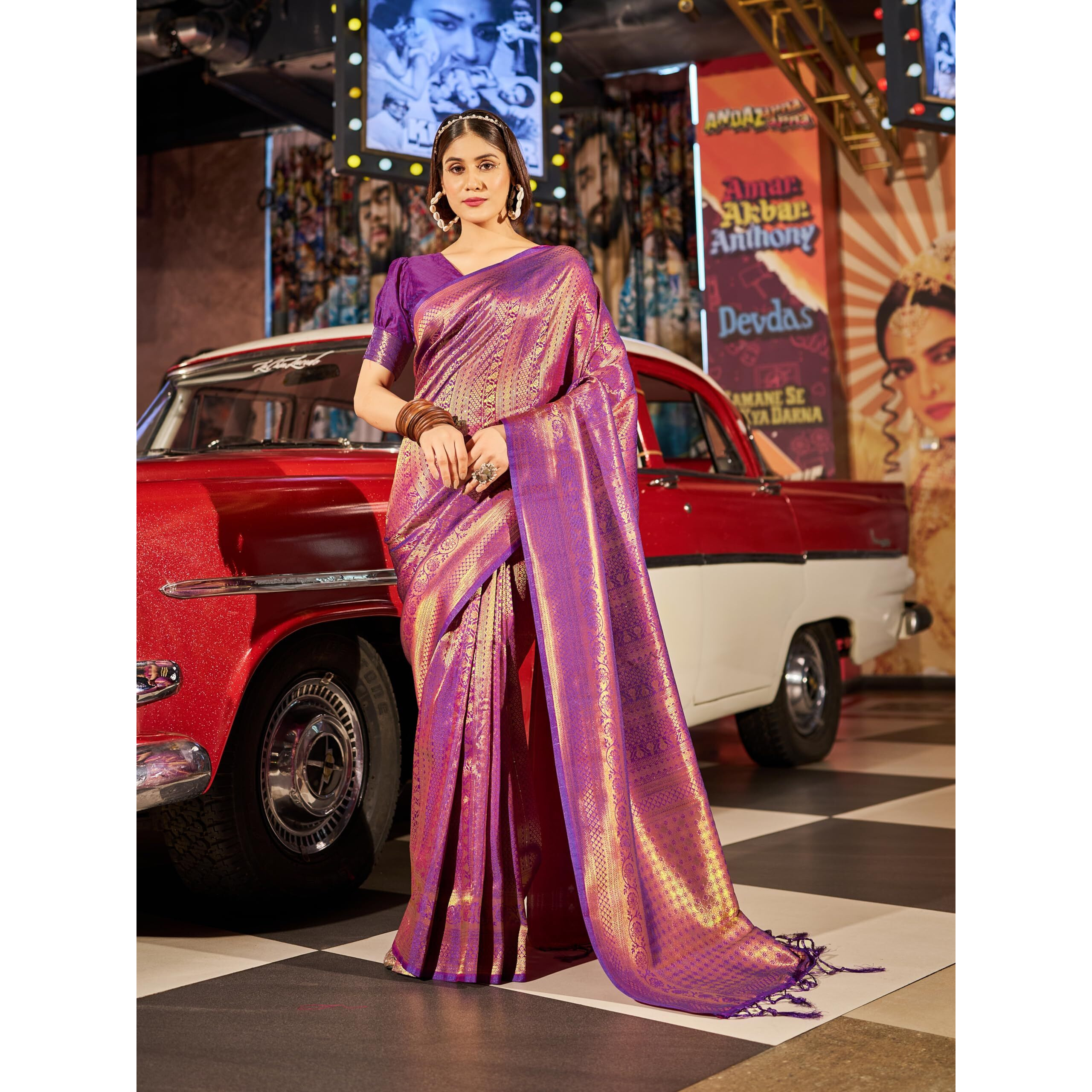 SWORNOF Womens Organza Woven Designer Saree with Unstitched Blouse With Boluse Piece (WINE)