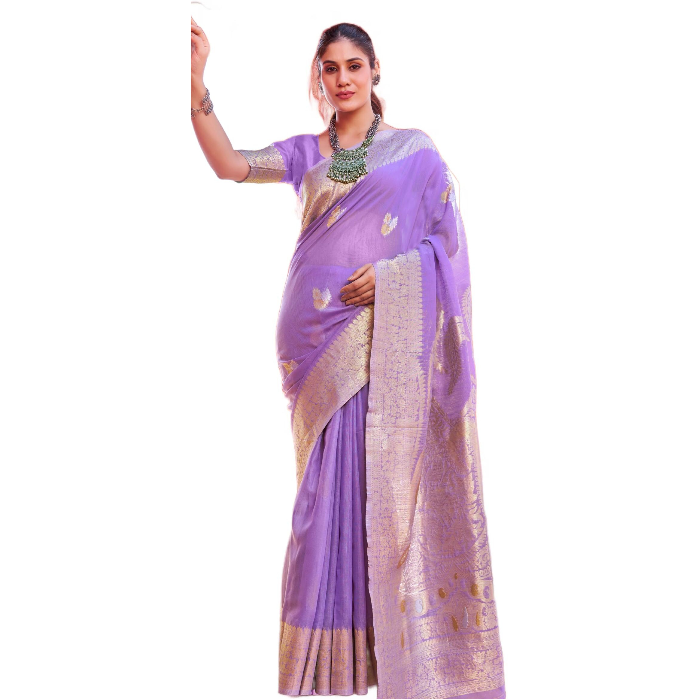 SWORNOF Womens Organza Woven Designer Saree with Unstitched Blouse With Boluse Piece (PURPLE-1)