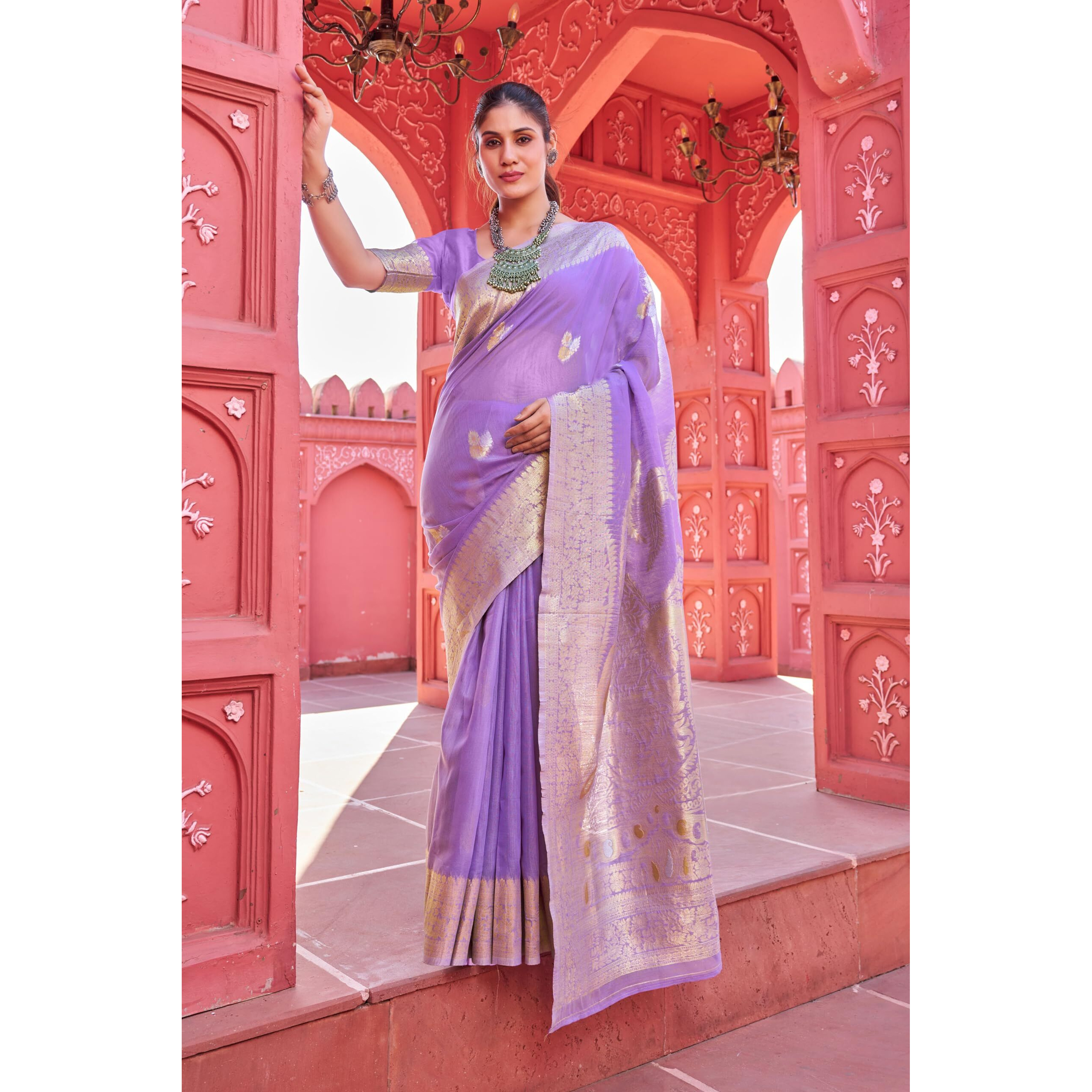 SWORNOF Womens Organza Woven Designer Saree with Unstitched Blouse With Boluse Piece (PURPLE-1)