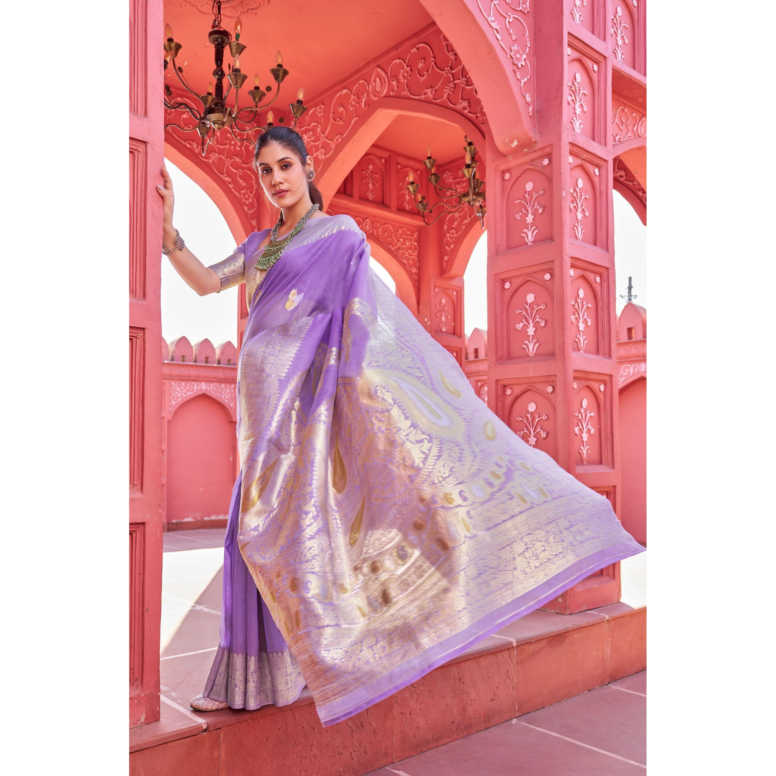 SWORNOF Womens Organza Woven Designer Saree with Unstitched Blouse With Boluse Piece (PURPLE-1)