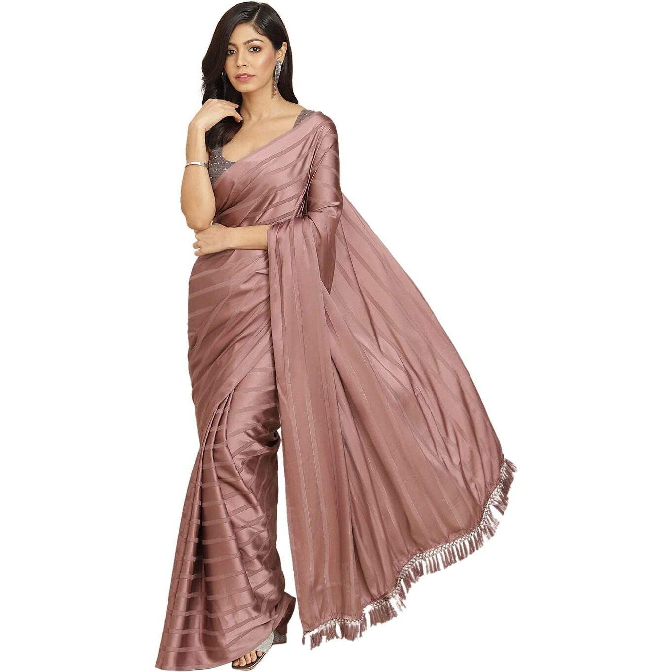 Womanista Womens Striped Satin Sarees (TI2879_Mauve)