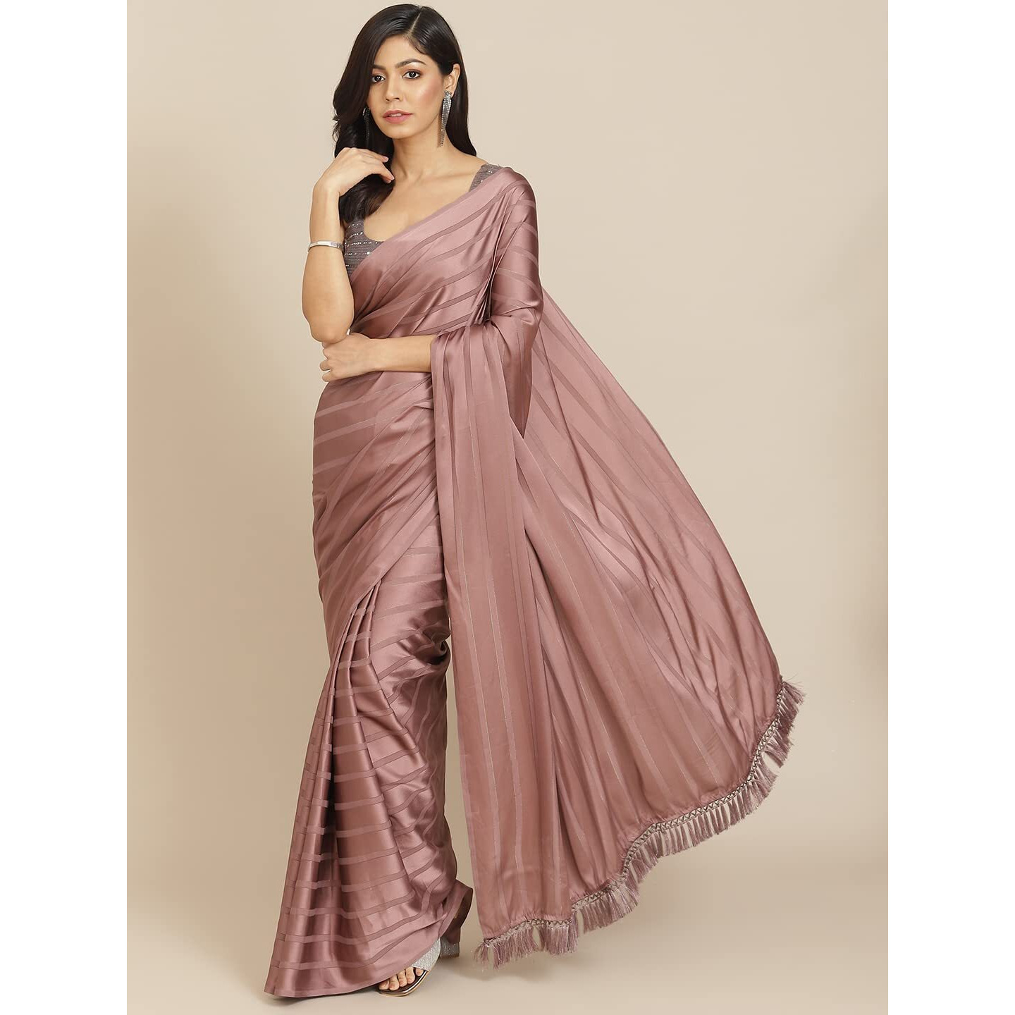 Womanista Womens Striped Satin Sarees (TI2879_Mauve)