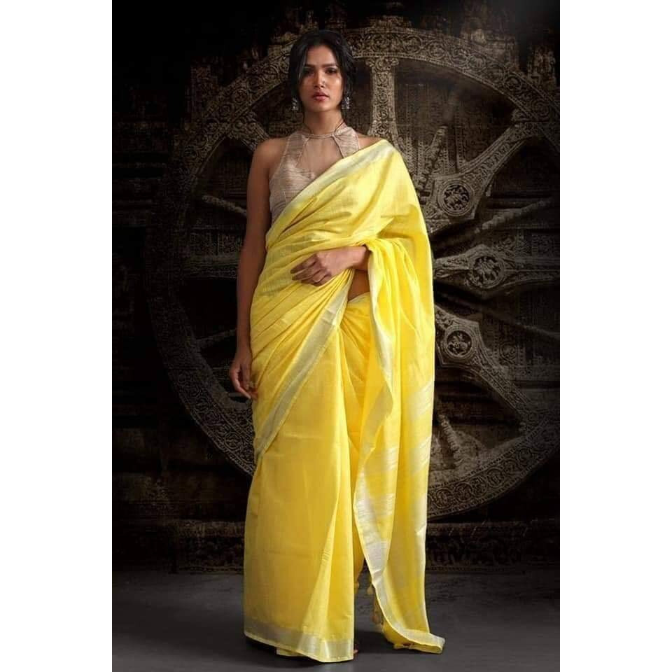 STB-SILK TEXTILES BHAGALPUR Womens Bhagalpuri Linen Saree With Blouse Piece (CTS-04_Yellow)