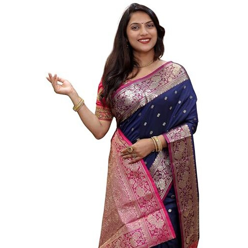 AMIRAT Womens Banarasi Saree Soft new ladies 2024 Design Wear Pattu Sarees Latest Cotton Party Sari collections With Blouse Piece for Wedding sadi (Navy Blue)