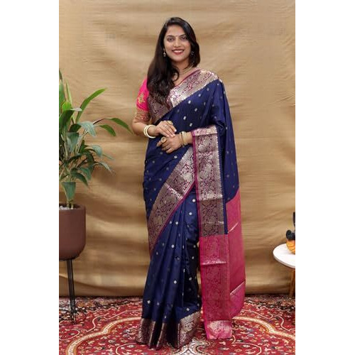 AMIRAT Womens Banarasi Saree Soft new ladies 2024 Design Wear Pattu Sarees Latest Cotton Party Sari collections With Blouse Piece for Wedding sadi (Navy Blue)