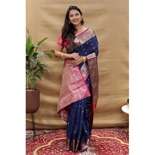 AMIRAT Womens Banarasi Saree Soft new ladies 2024 Design Wear Pattu Sarees Latest Cotton Party Sari collections With Blouse Piece for Wedding sadi (Navy Blue)