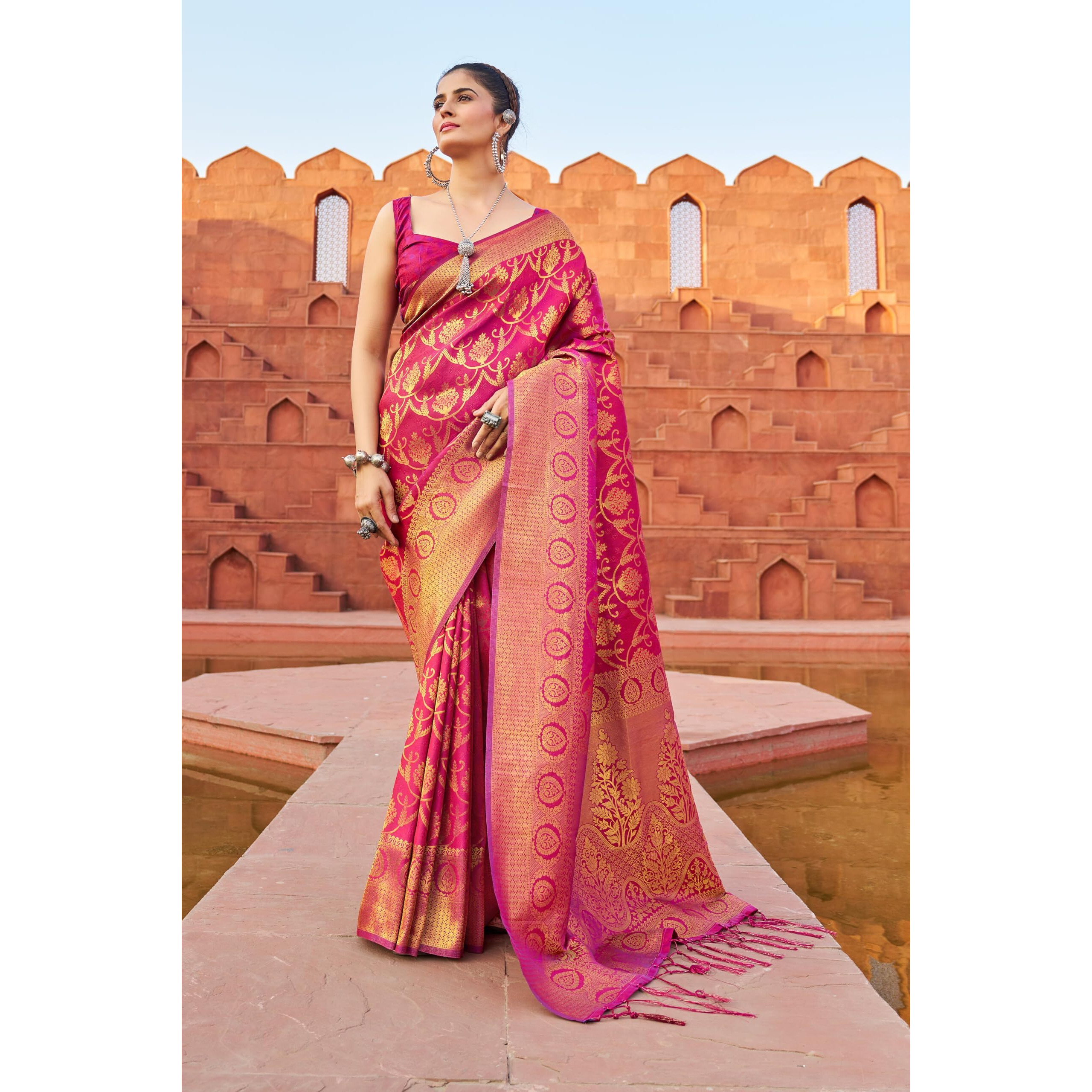 SWORNOF Womens Silk Saree with Zari Woven Saree With Blouse Piece (WINE)