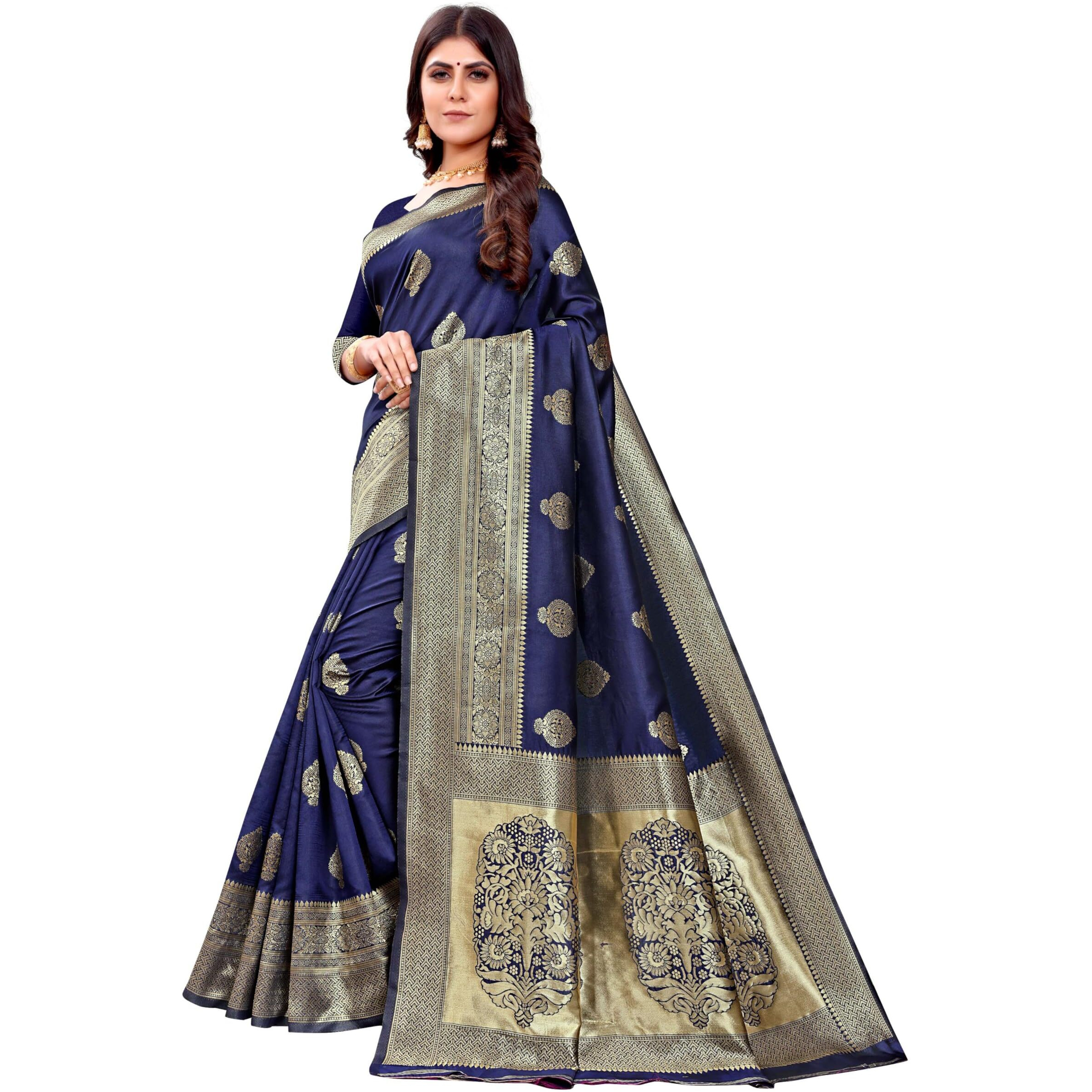 Sugathari Womens Banarasi Saree Pure Kanjivaram Silk Saree Soft new ladies 2023 Design Wear Pattu Sarees Latest Cotton Party Sari collections With Blouse Piece for Wedding sadi (PARI 122 N BLUE)