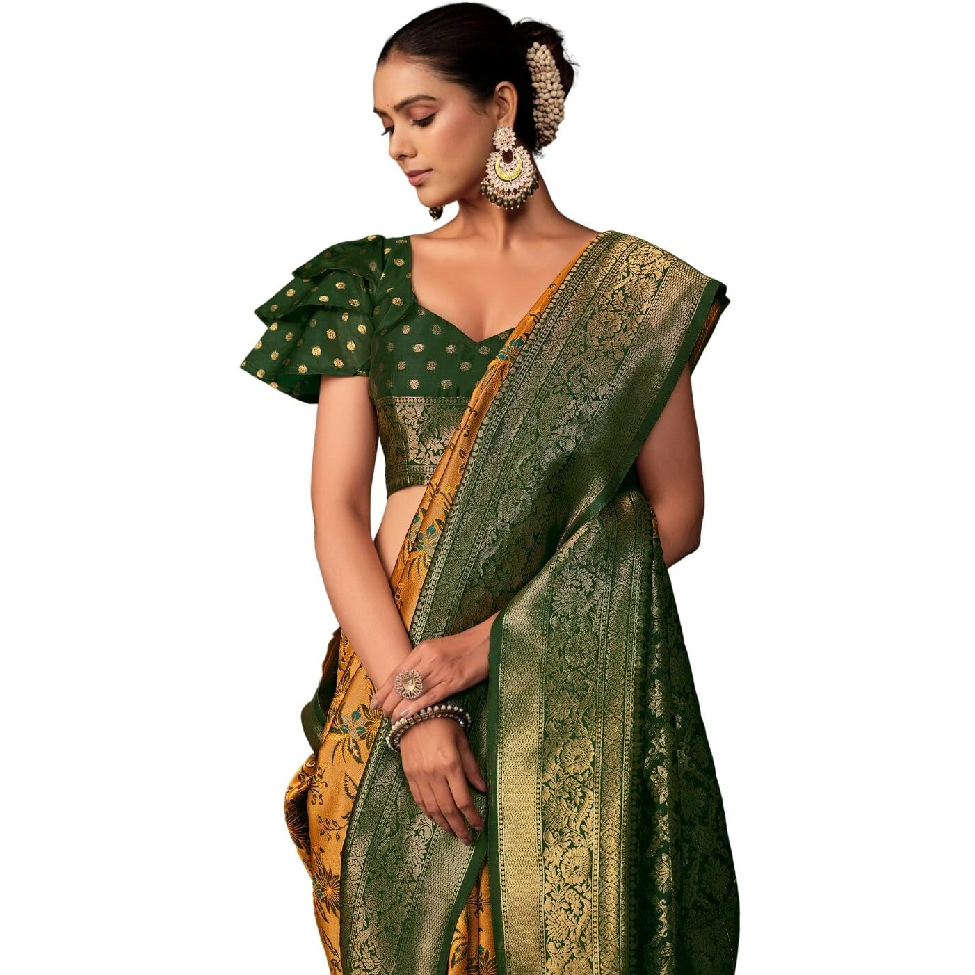 EthnicJunction Womens Mustard Silk Blend floral Woven Saree With Blouse Piece