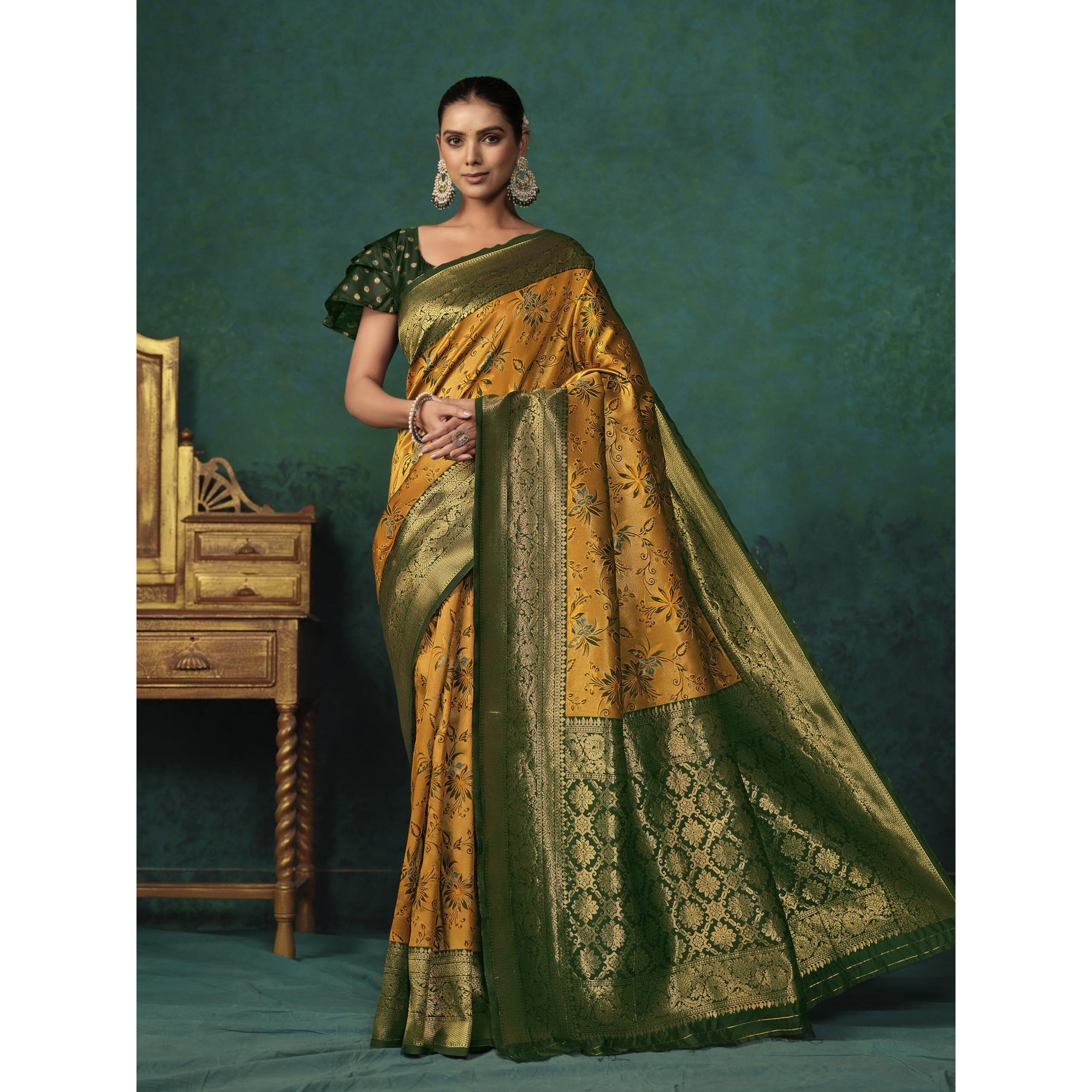 EthnicJunction Womens Mustard Silk Blend floral Woven Saree With Blouse Piece