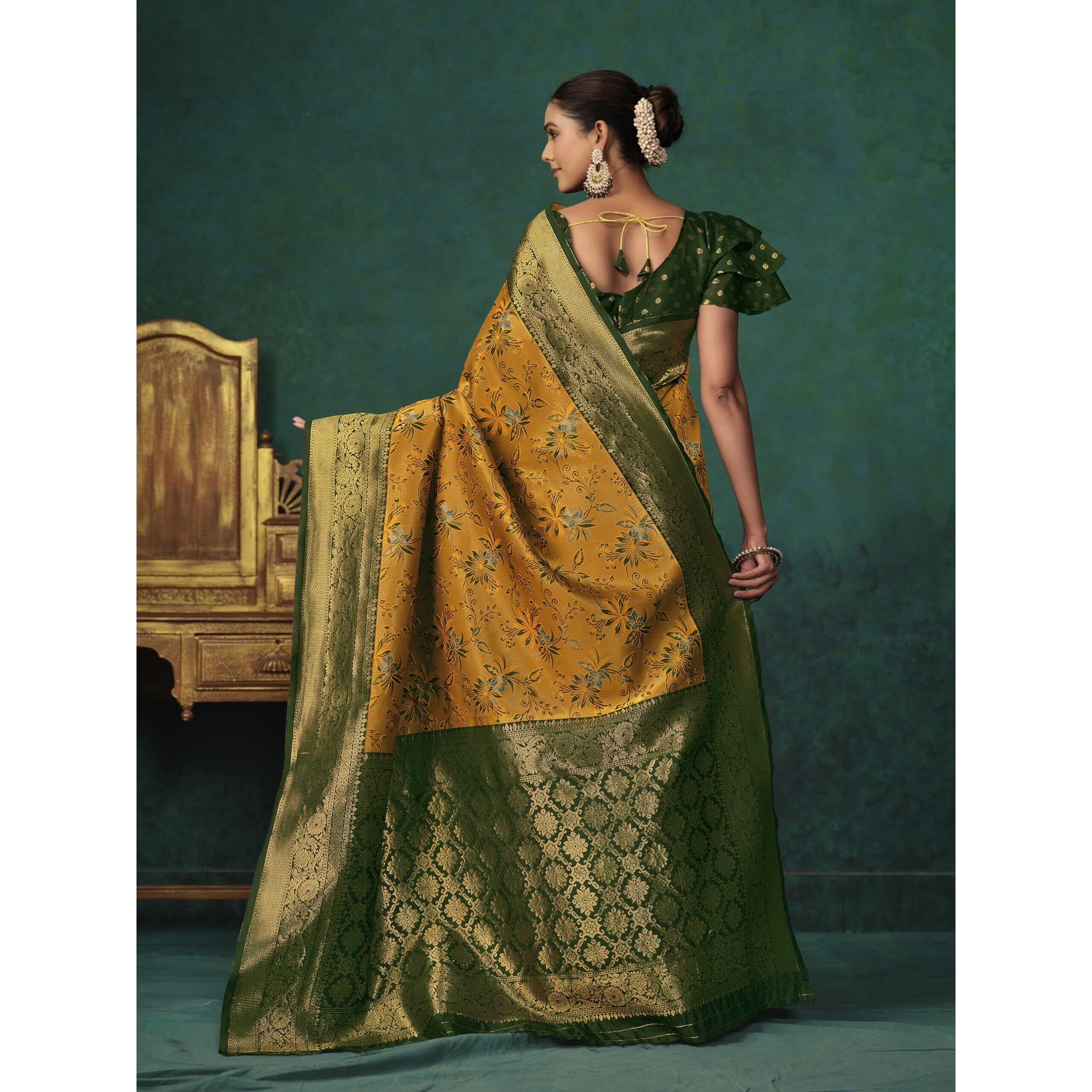 EthnicJunction Womens Mustard Silk Blend floral Woven Saree With Blouse Piece