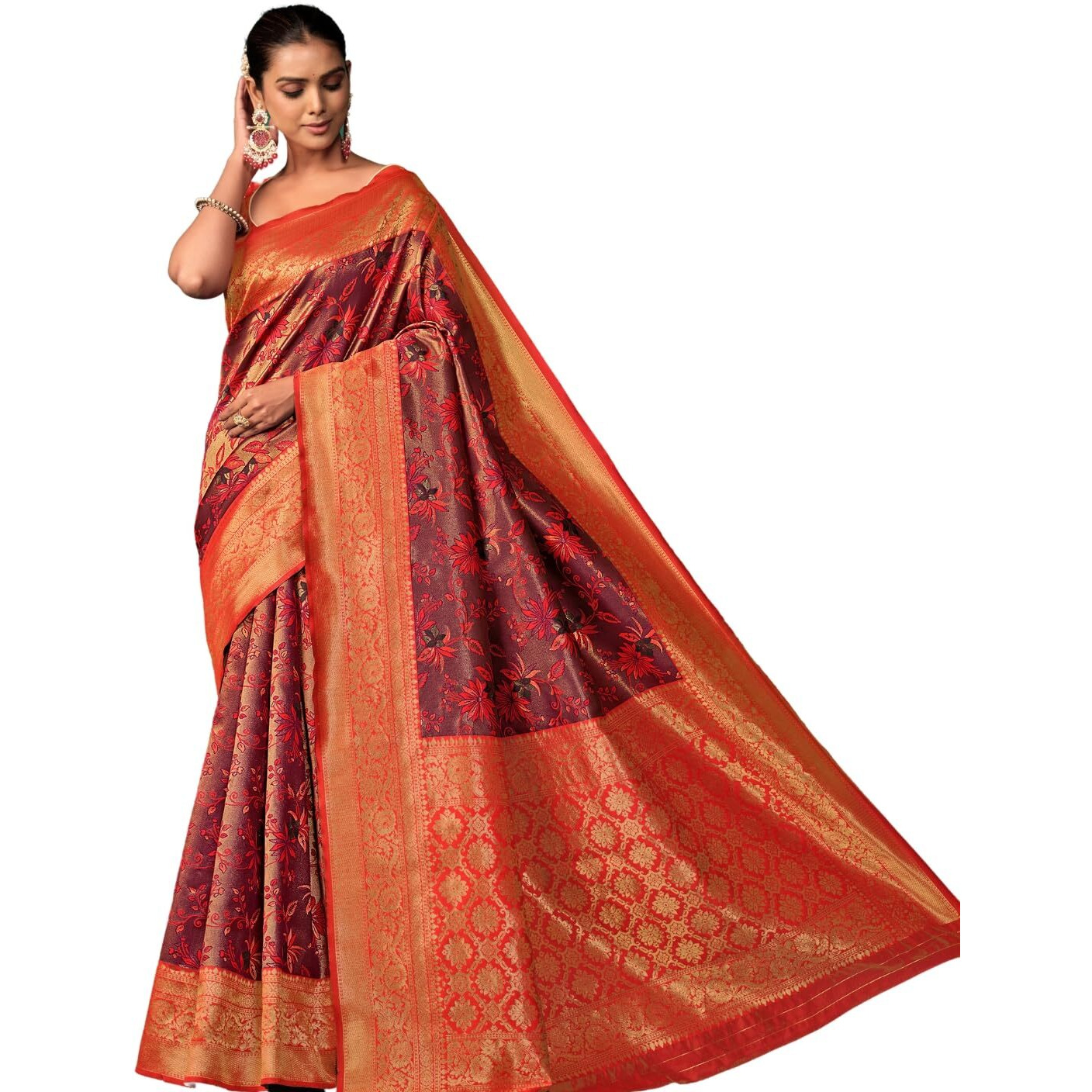 EthnicJunction Womens Wine Silk Blend floral Woven Saree With Blouse Piece