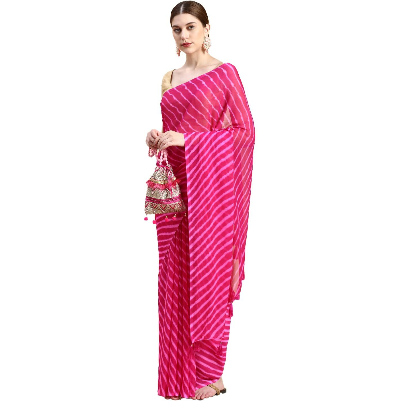 RANI SAAHIBA Womens Chiffon Lehriya Printed Saree Without Blouse (SSKR3651_Rani Pink)