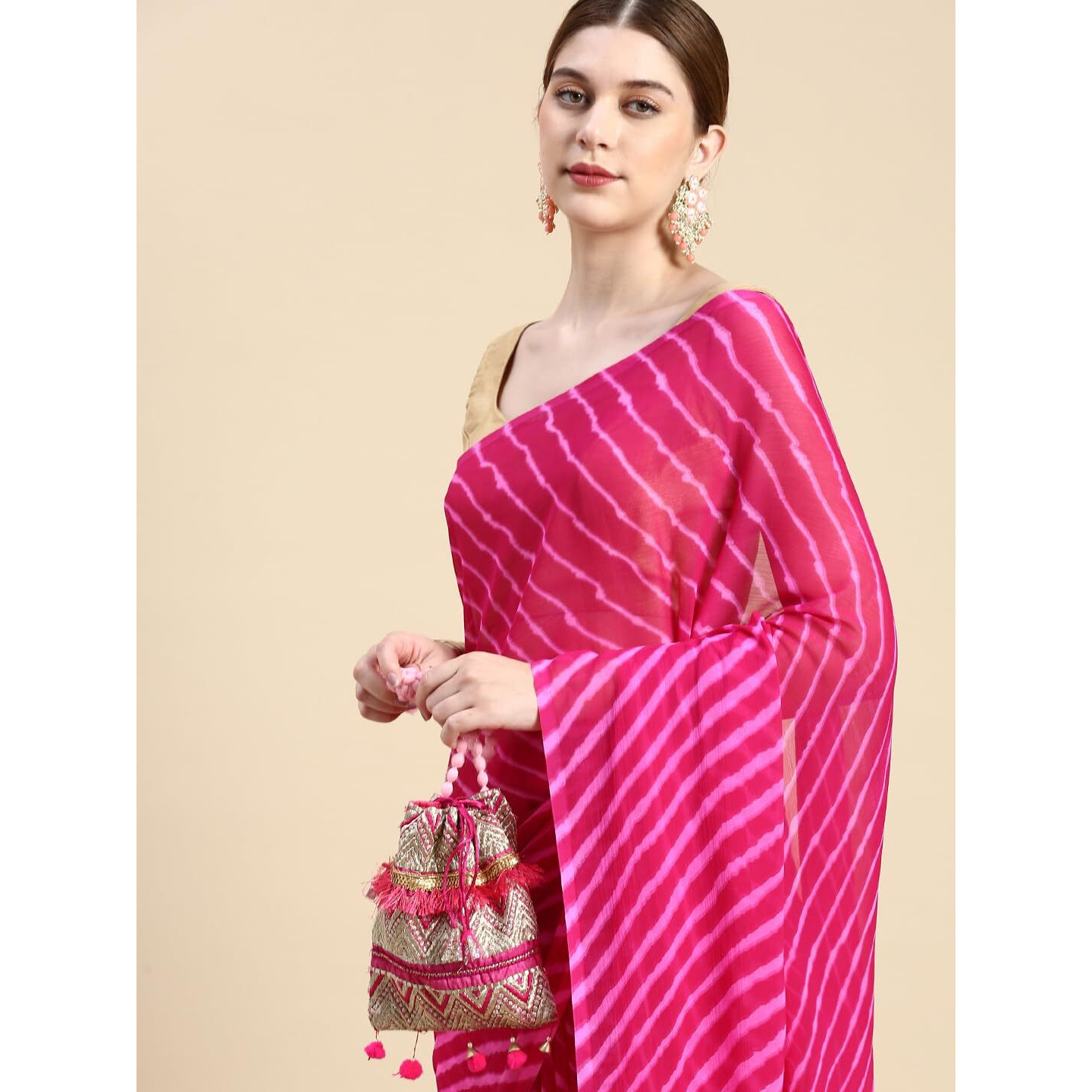 RANI SAAHIBA Womens Chiffon Lehriya Printed Saree Without Blouse (SSKR3651_Rani Pink)