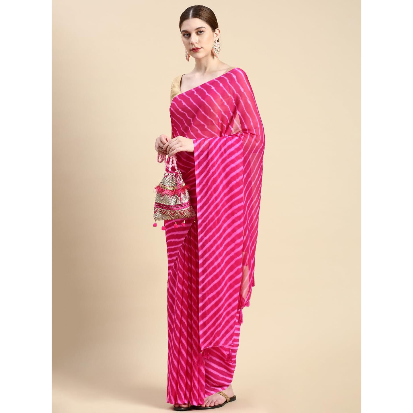 RANI SAAHIBA Womens Chiffon Lehriya Printed Saree Without Blouse (SSKR3651_Rani Pink)