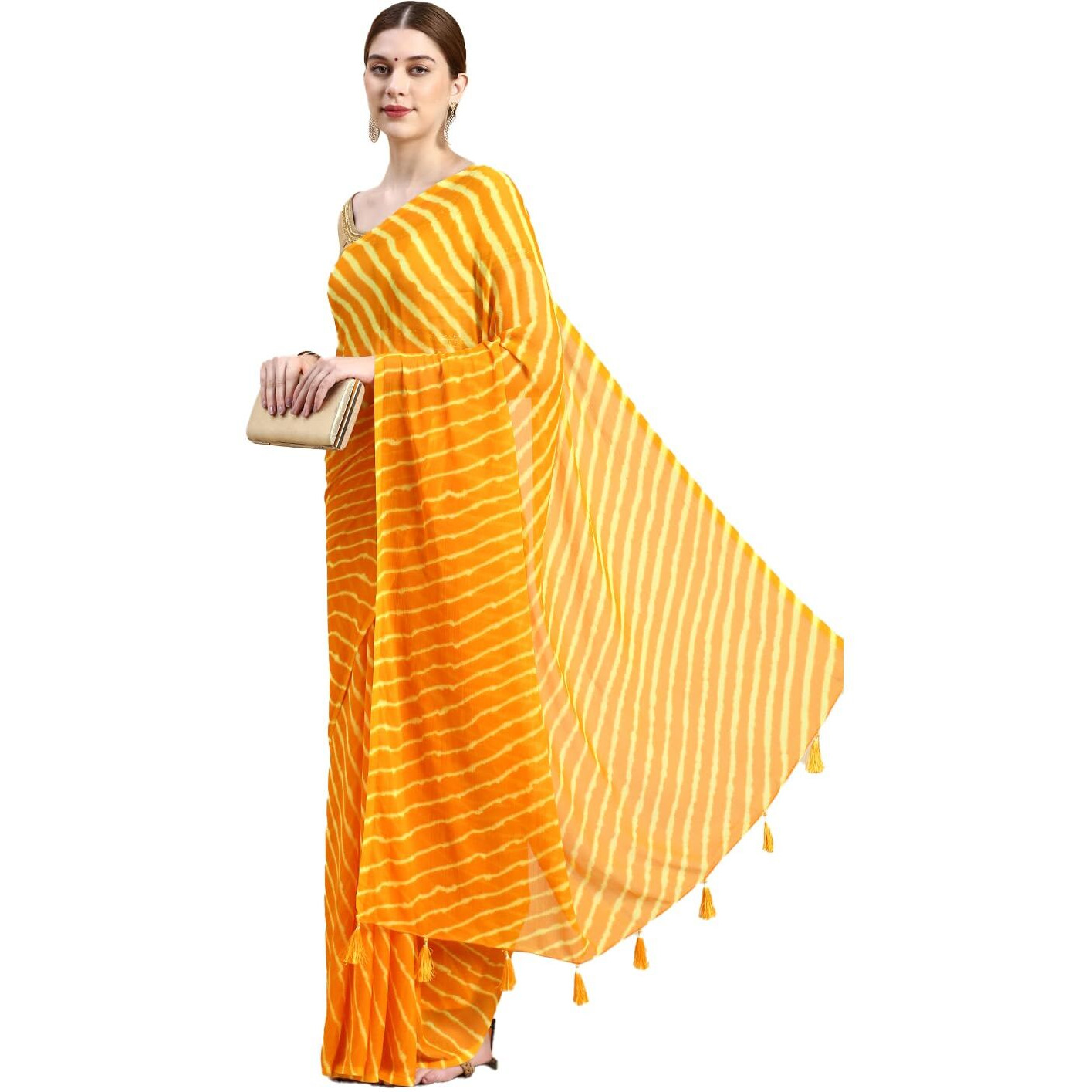 RANI SAAHIBA Womens Chiffon Lehriya Printed Saree Without Blouse (SSKR3645_Gold)