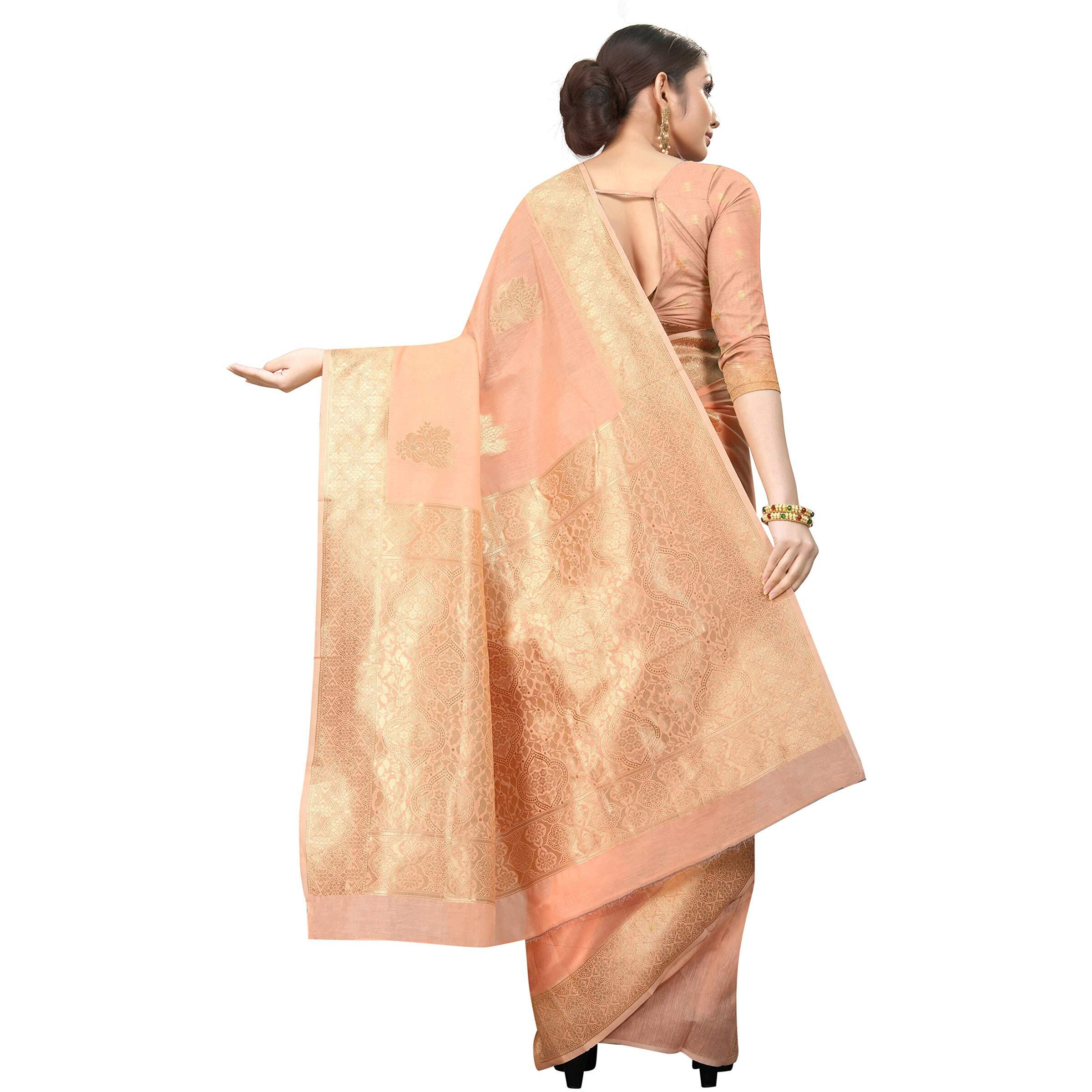 Enthone Womens Cotton Gold Zari Woven Thread Saree With Unstitched Blouse Piece(Peach)