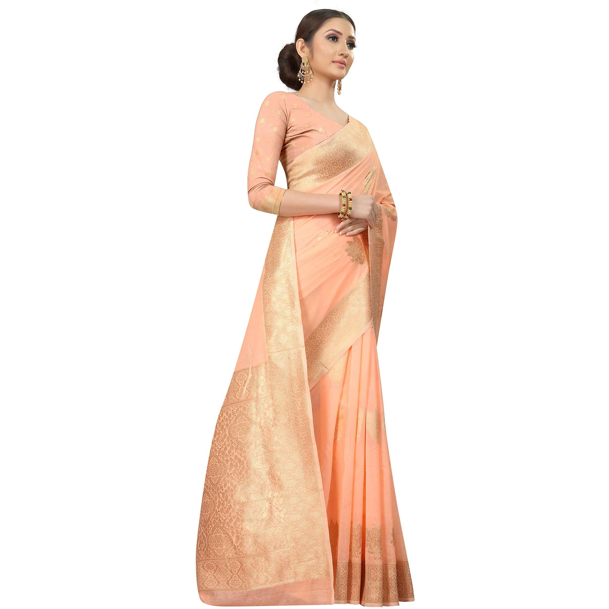 Enthone Womens Cotton Gold Zari Woven Thread Saree With Unstitched Blouse Piece(Peach)