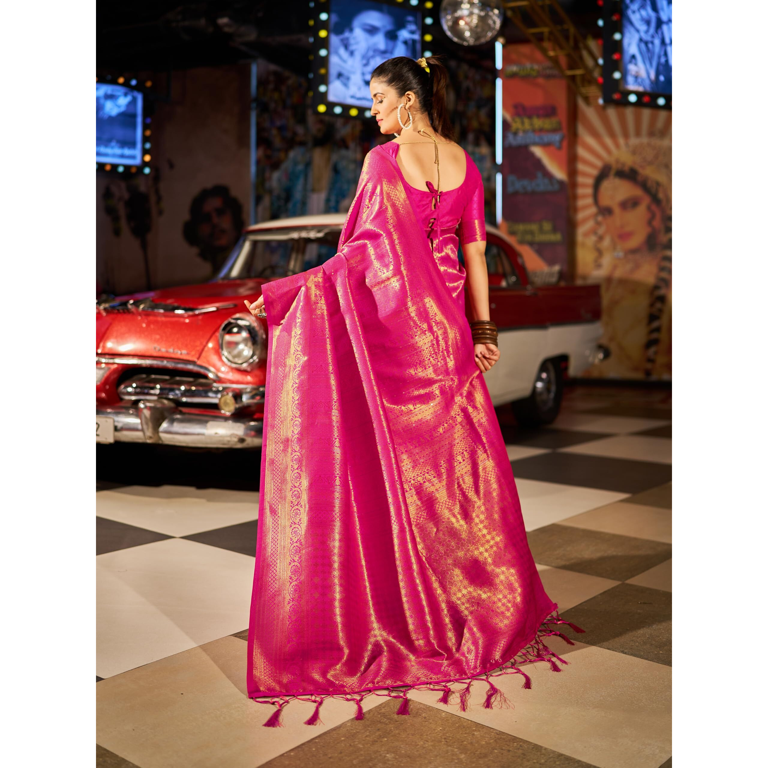 SWORNOF Womens Organza Woven Designer Saree with Unstitched Blouse With Boluse Piece (PINK-2)