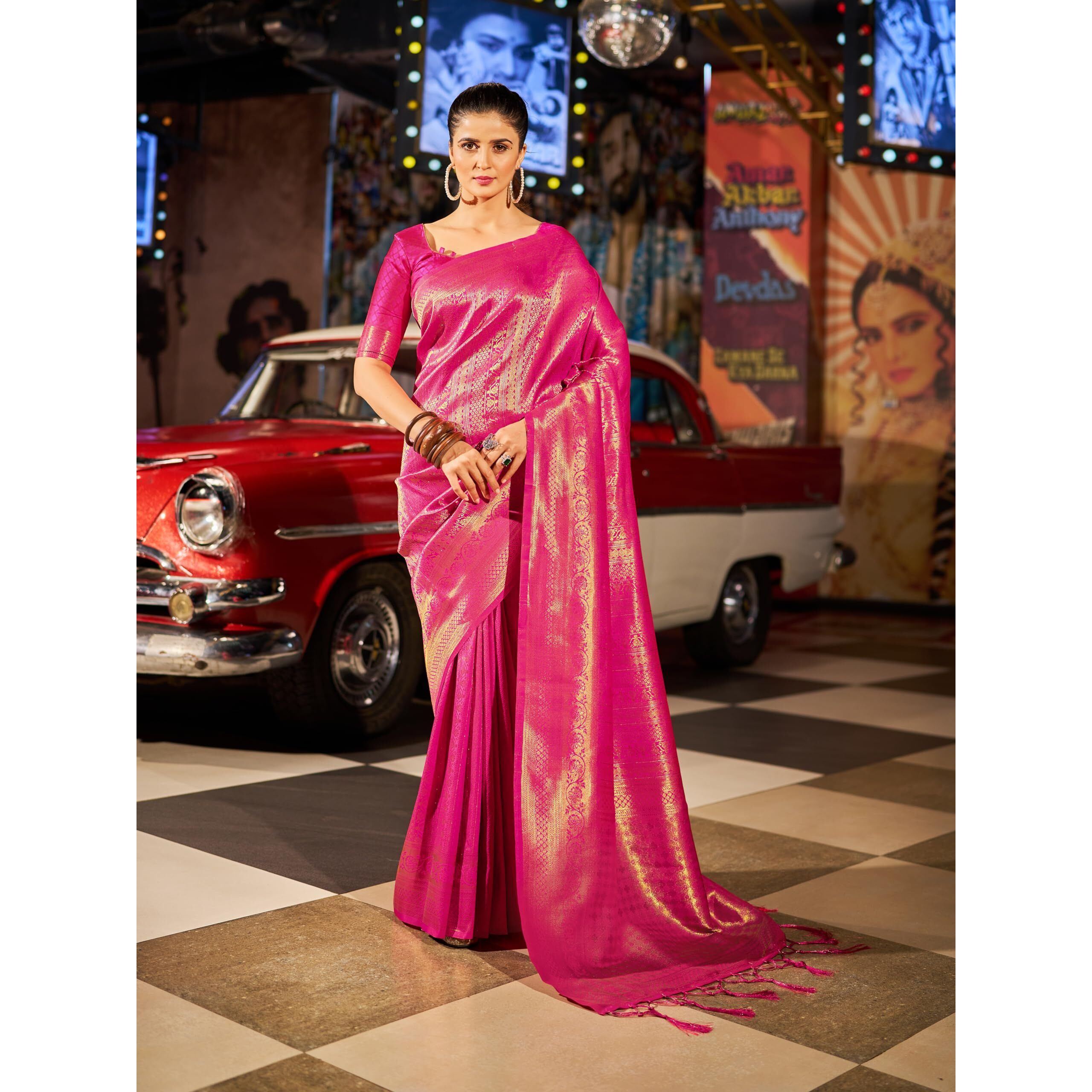 SWORNOF Womens Organza Woven Designer Saree with Unstitched Blouse With Boluse Piece (PINK-2)