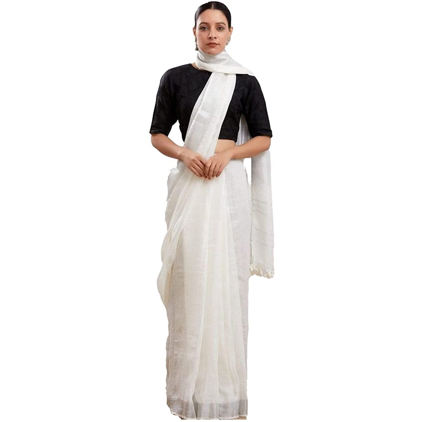 STB-SILK TEXTILES BHAGALPUR Womens Bhagalpuri Linen Saree With Blouse Piece (CTS-04_White)