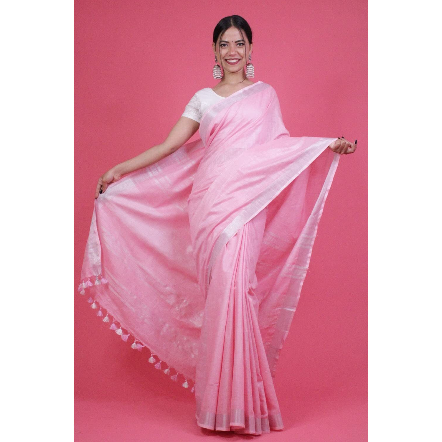 STB-SILK TEXTILES BHAGALPUR Womens Bhagalpuri Linen Saree With Blouse Piece (CTS-04_Pink)